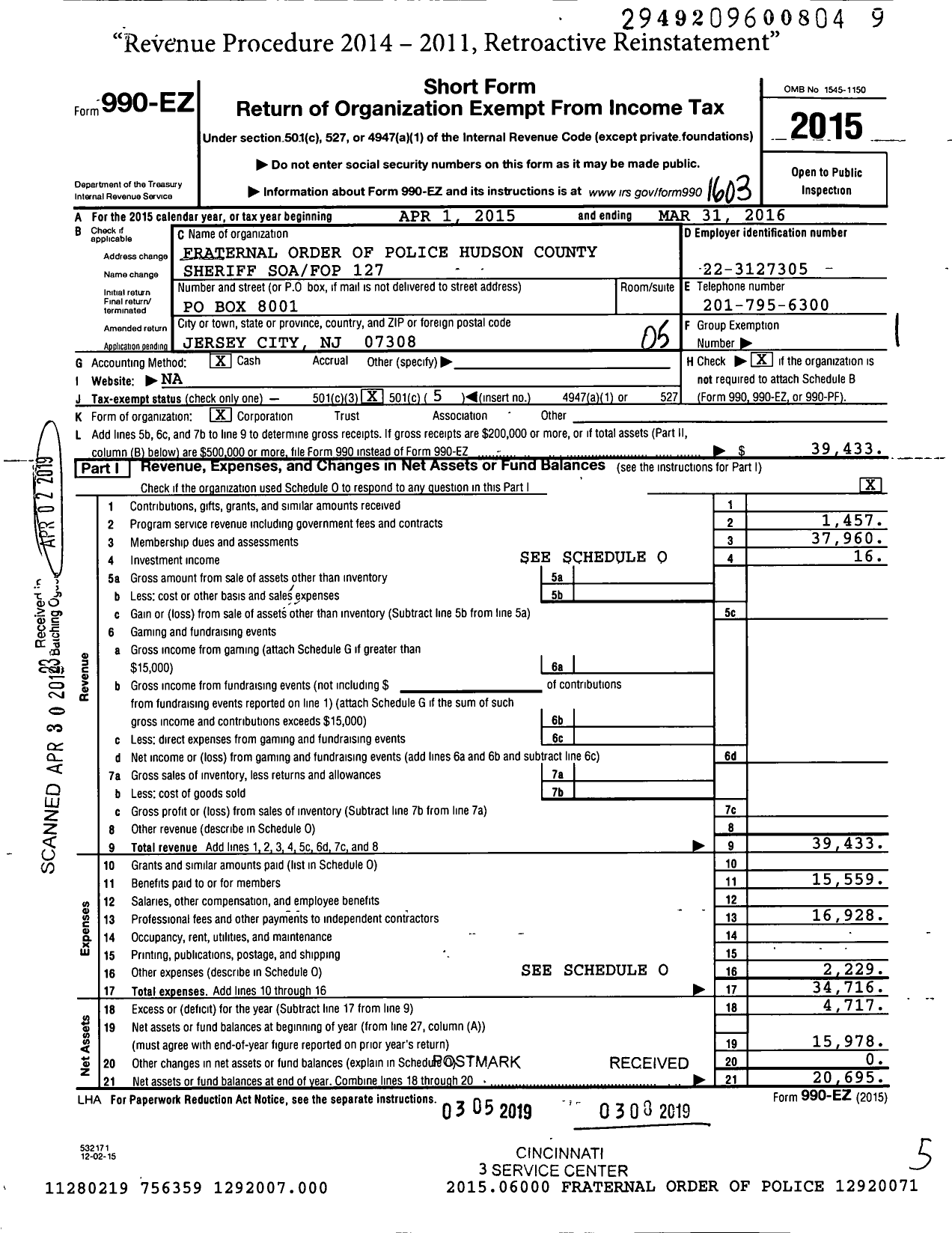 Image of first page of 2015 Form 990EO for Superior Officers Association Sheriffs Dept Hudson County Lodge 127