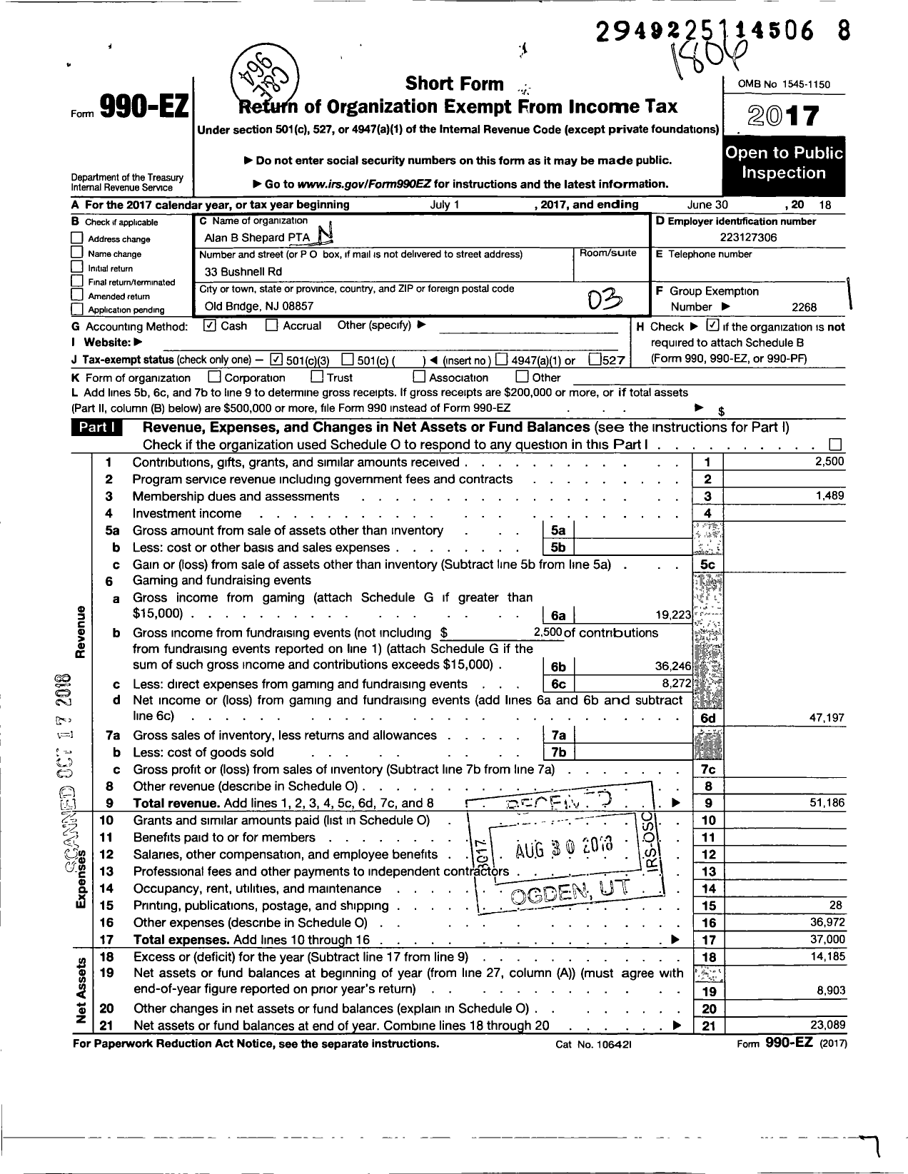 Image of first page of 2017 Form 990EZ for New Jersey PTA - 21297 Alan Shepard JR PTA