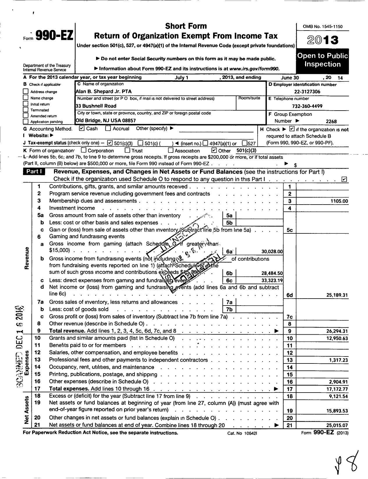 Image of first page of 2013 Form 990EZ for New Jersey PTA - 21297 Alan Shepard JR PTA