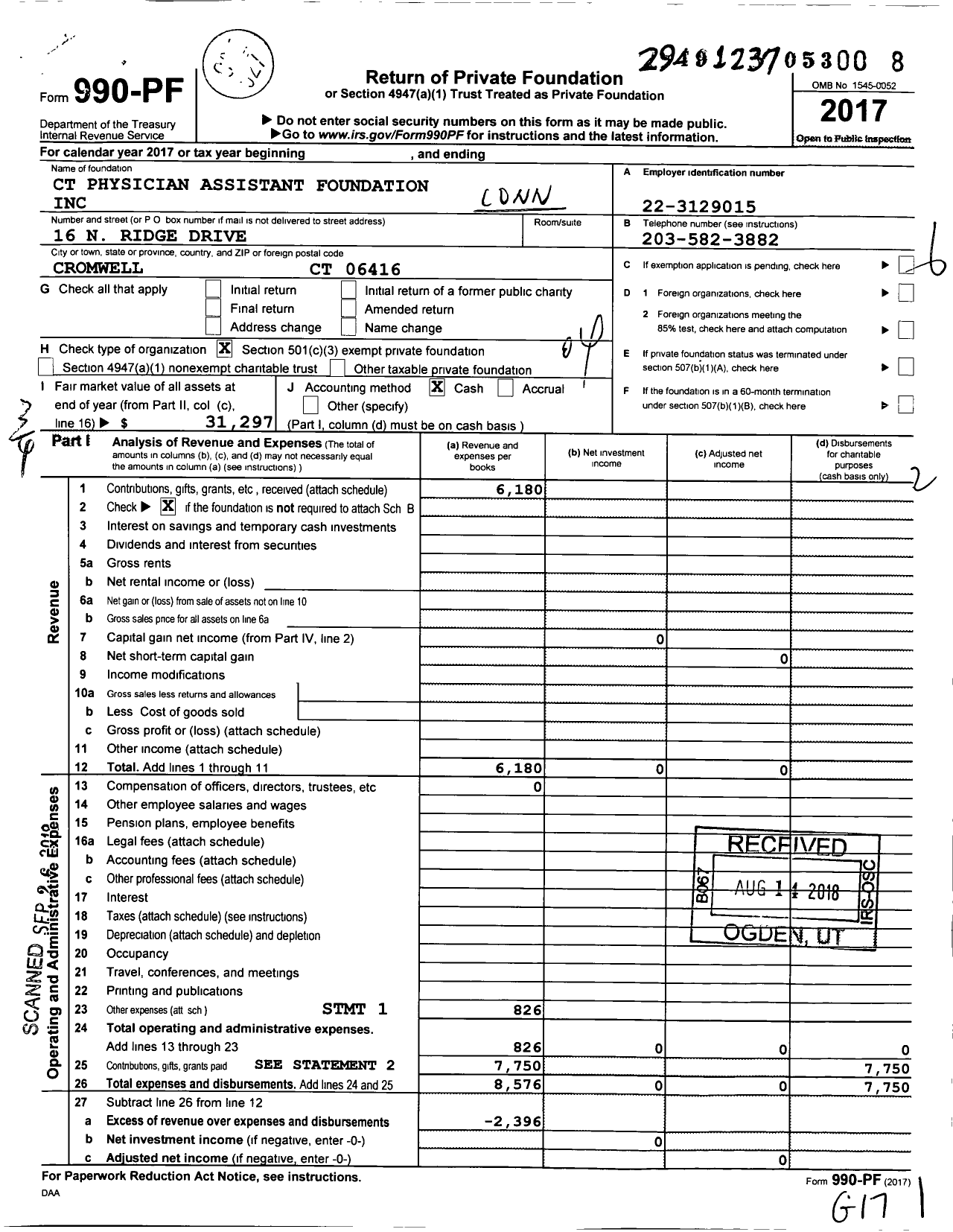Image of first page of 2017 Form 990PF for Connecticut Physician Assistant Foundation