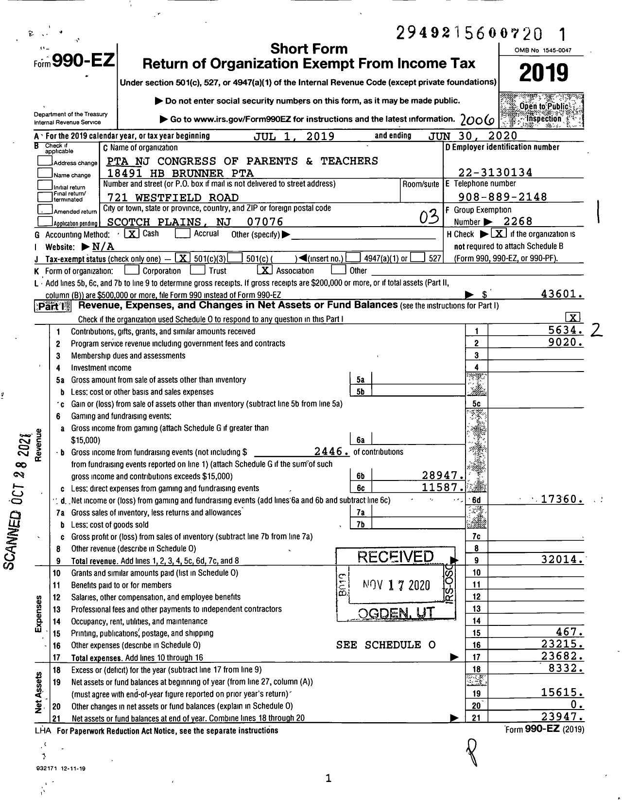 Image of first page of 2019 Form 990EZ for New Jersey PTA - 18491 H B Brunner PTA