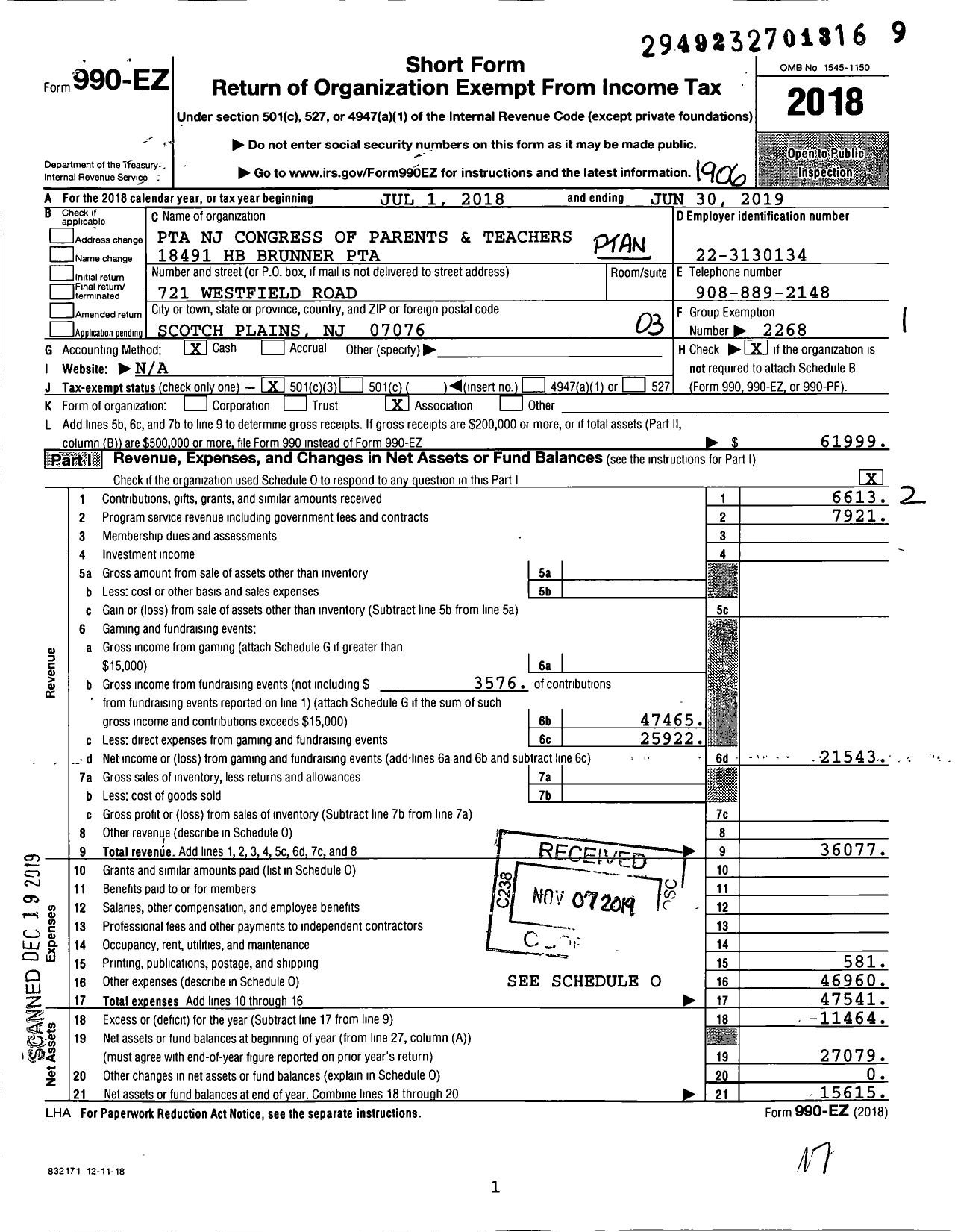 Image of first page of 2018 Form 990EZ for New Jersey PTA - 18491 H B Brunner PTA