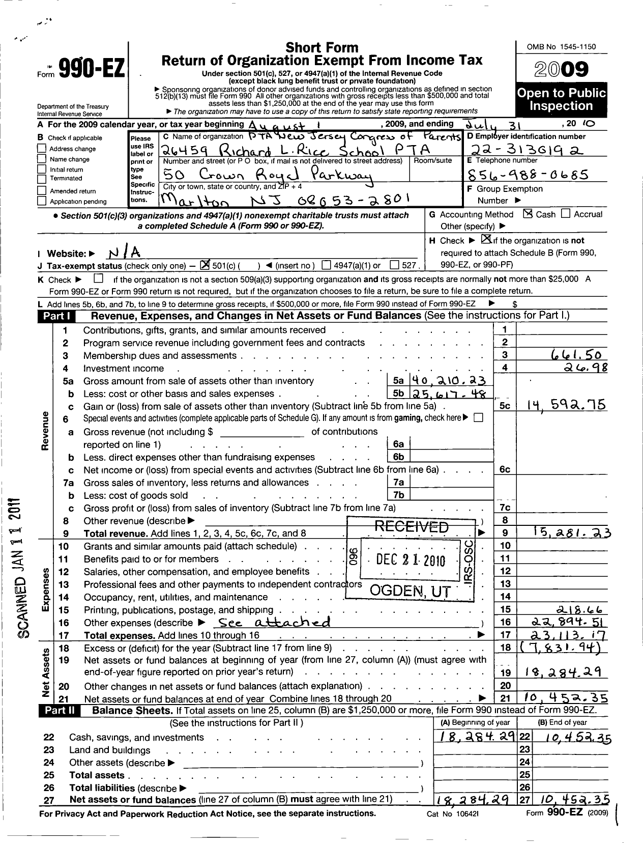 Image of first page of 2009 Form 990EO for New Jersey PTA - 26459 Richard L Rice School PTA