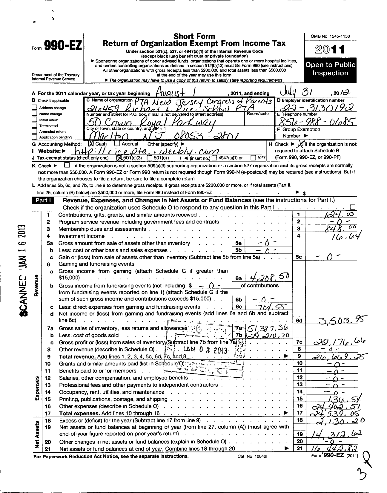 Image of first page of 2011 Form 990EZ for New Jersey PTA - 26459 Richard L Rice School PTA