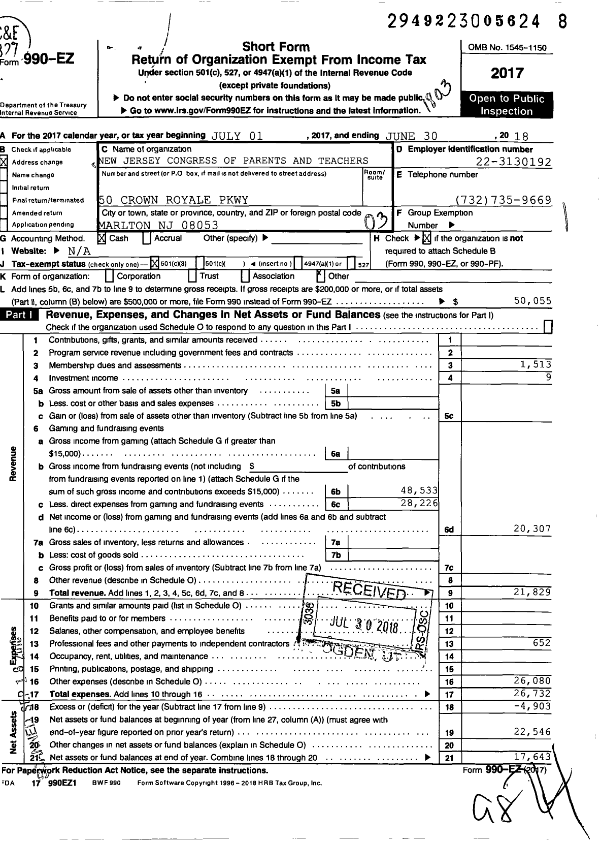 Image of first page of 2017 Form 990EZ for New Jersey PTA - 26459 Richard L Rice School PTA