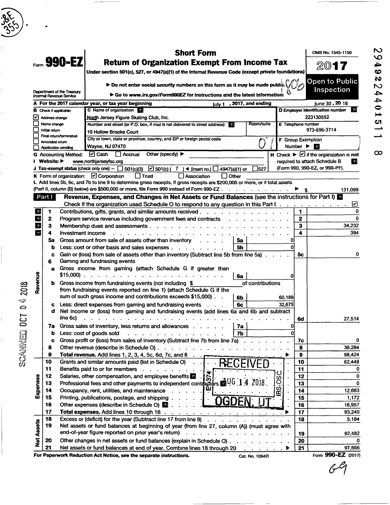 Image of first page of 2017 Form 990EO for North Jersey Figure Skating Club