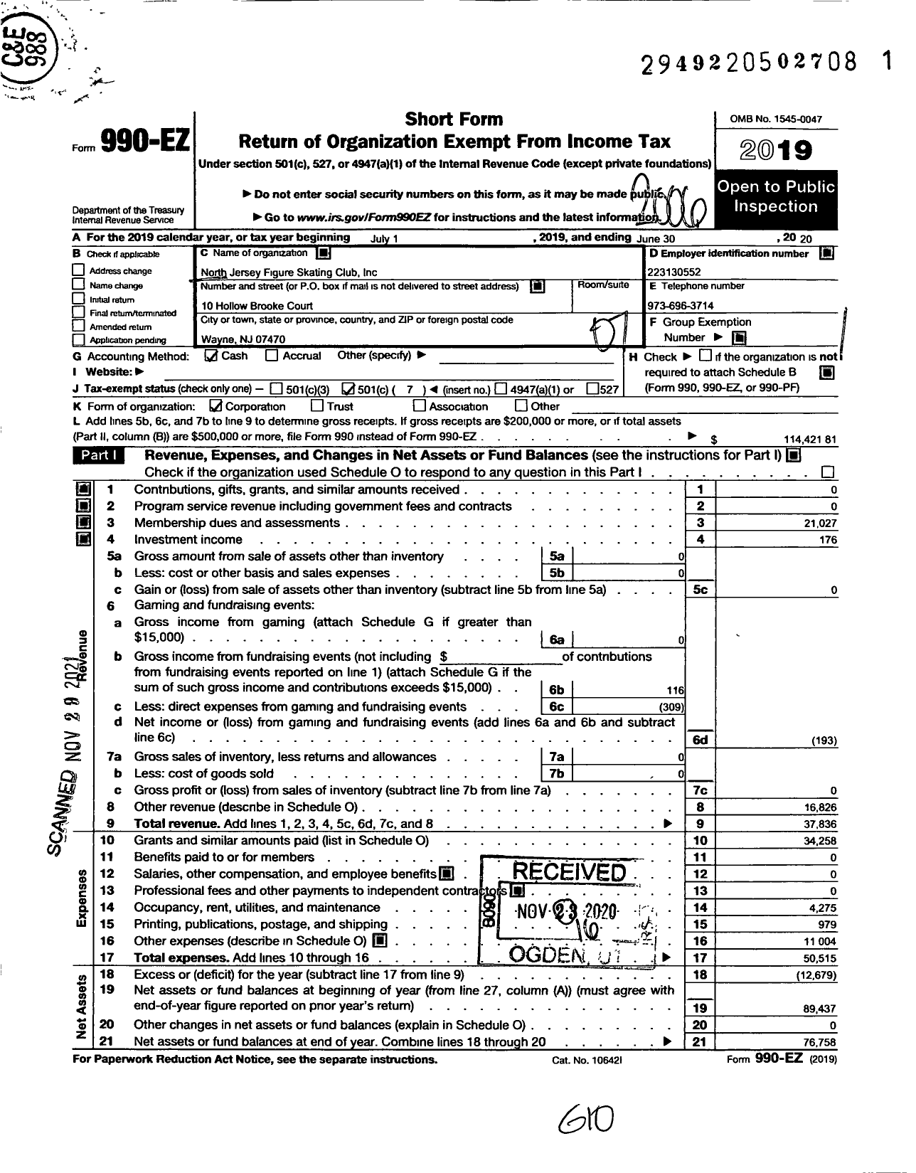 Image of first page of 2019 Form 990EO for North Jersey Figure Skating Club