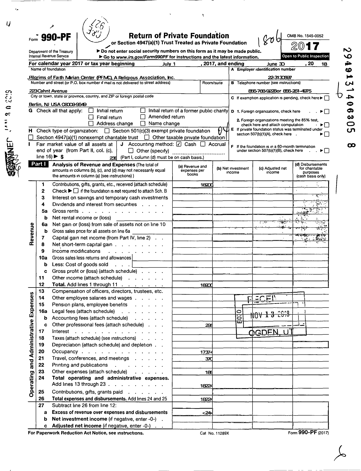 Image of first page of 2017 Form 990PF for Pilgrims of Faith Marian Center