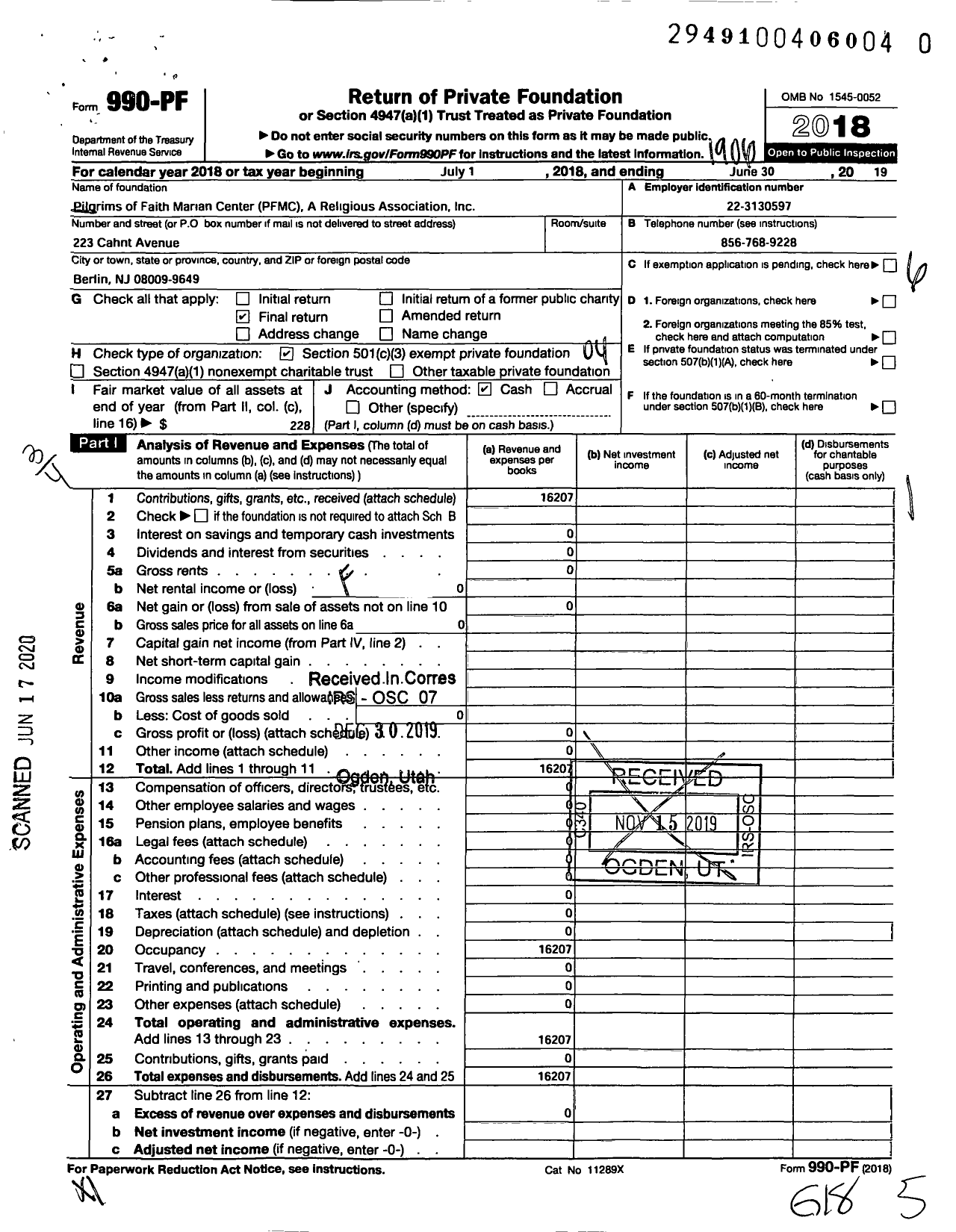 Image of first page of 2018 Form 990PR for Pilgrims of Faith Marian Center