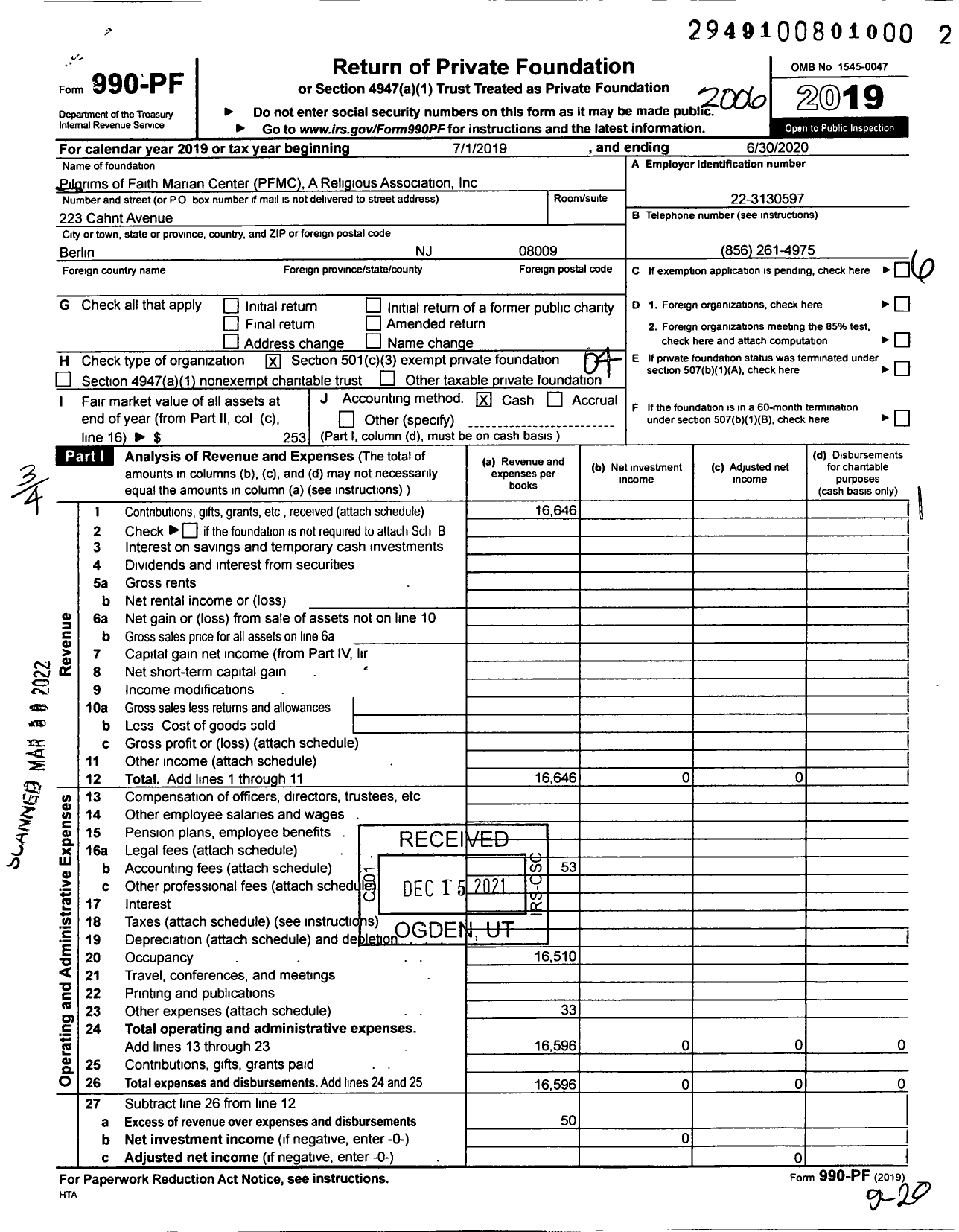 Image of first page of 2019 Form 990PF for Pilgrims of Faith Marian Center