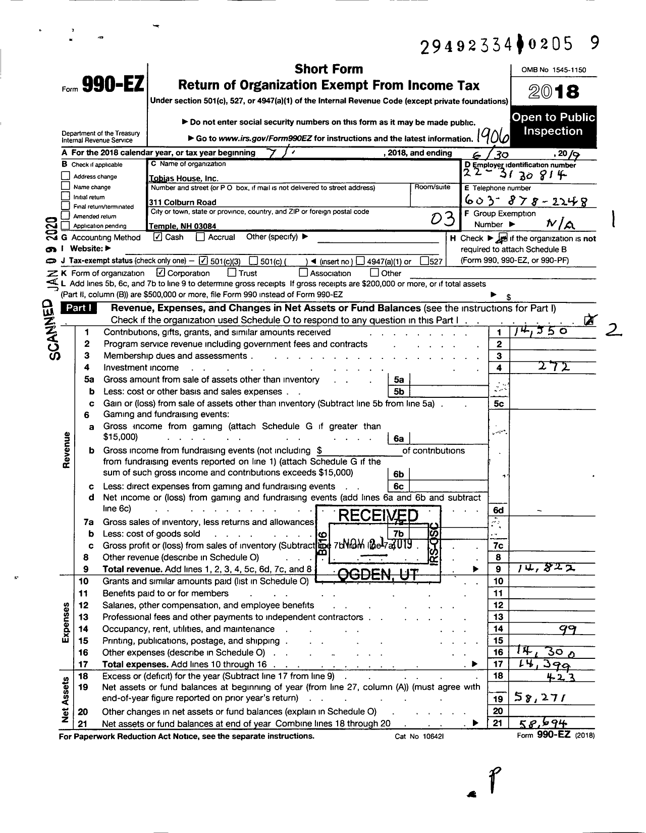 Image of first page of 2018 Form 990EZ for Tobias House