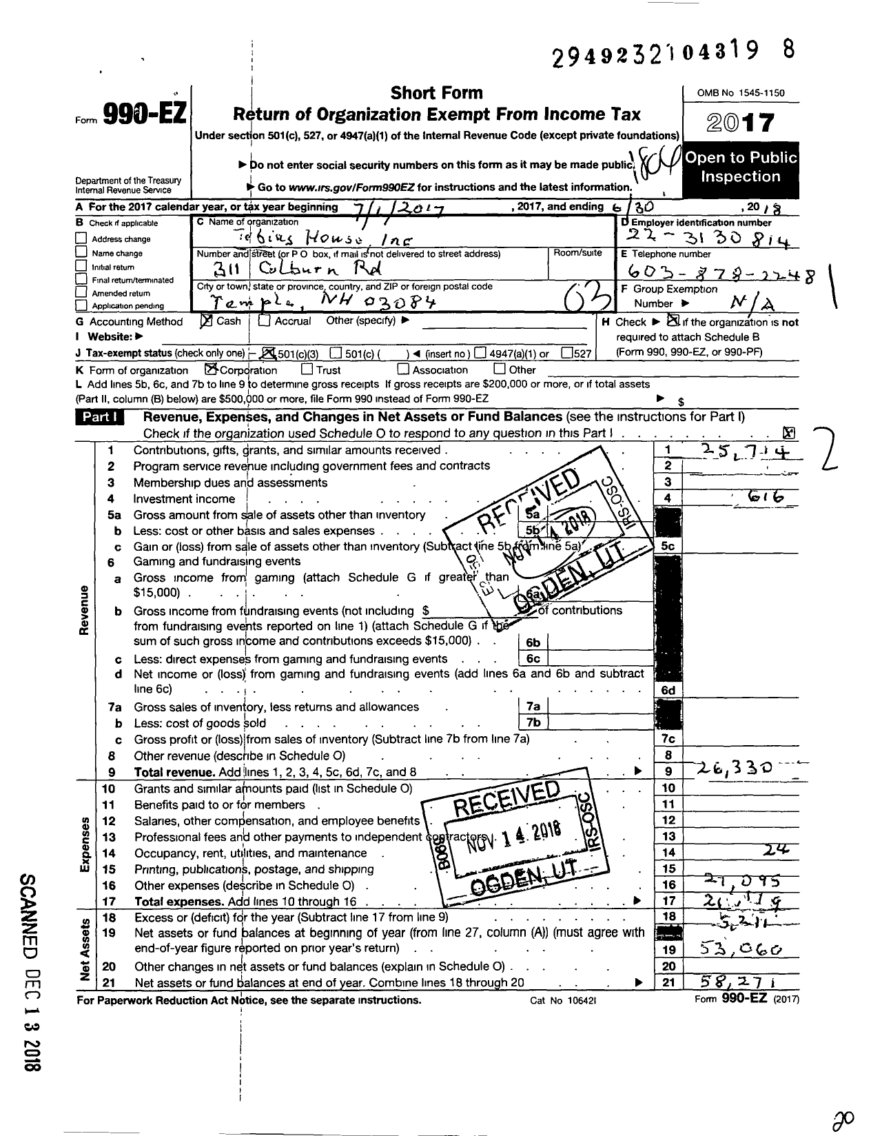 Image of first page of 2017 Form 990EZ for Tobias House