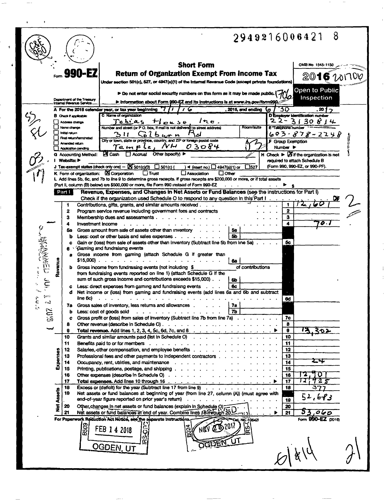 Image of first page of 2016 Form 990EZ for Tobias House