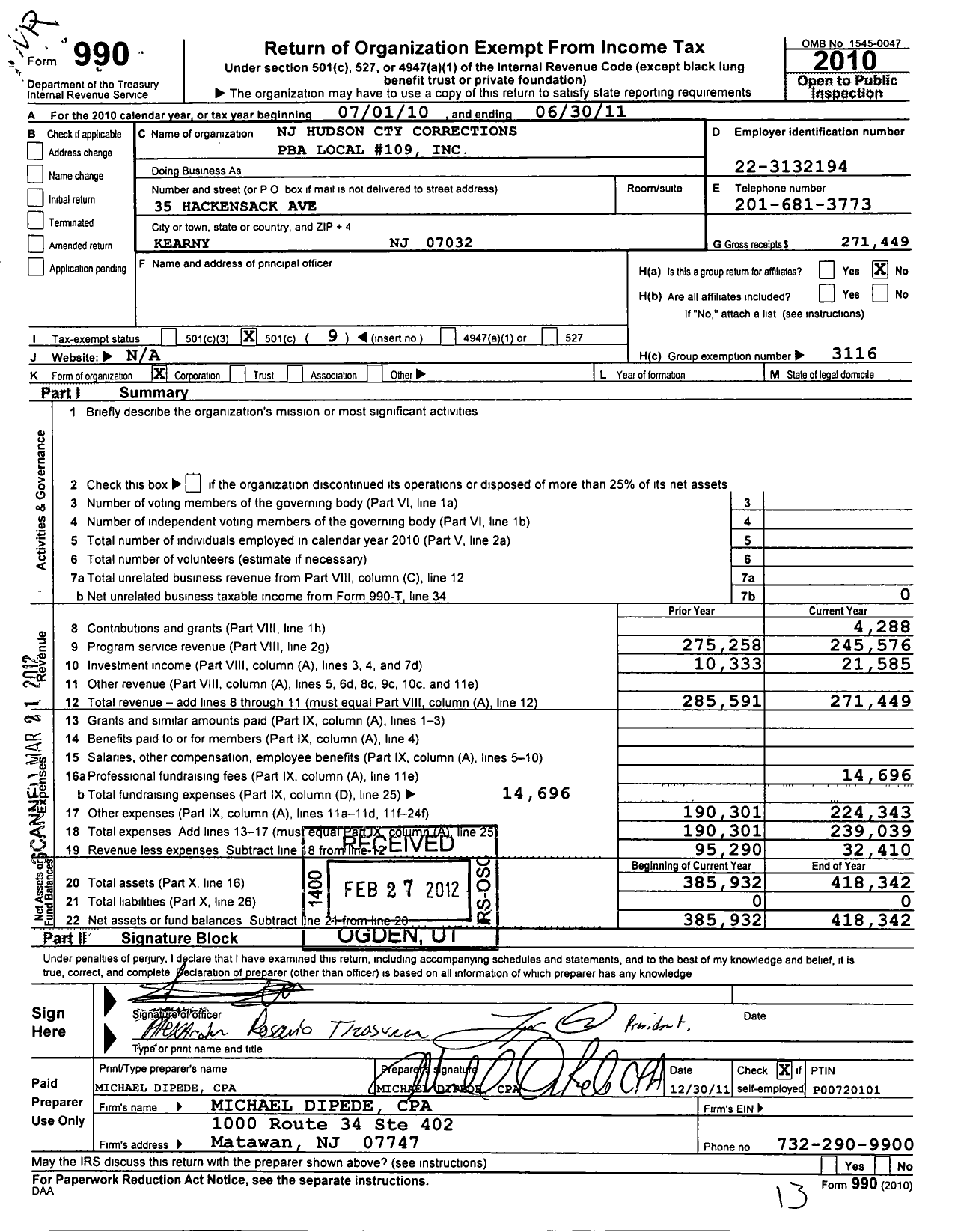 Image of first page of 2010 Form 990O for NJ State Patrolmen's Benevolent Association - 109 Hudson Cnty Corrections Local