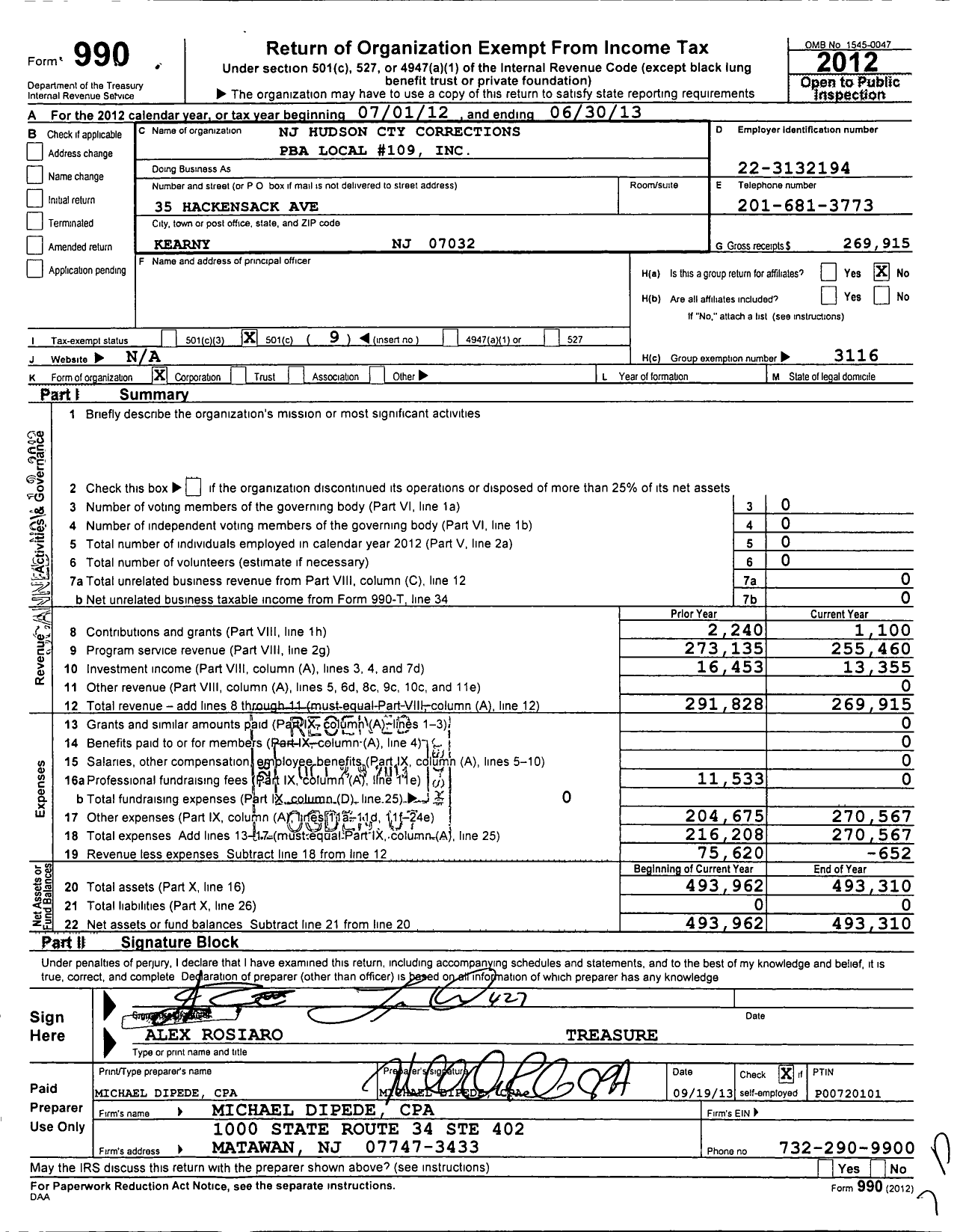 Image of first page of 2012 Form 990O for NJ State Patrolmen's Benevolent Association - 109 Hudson Cnty Corrections Local