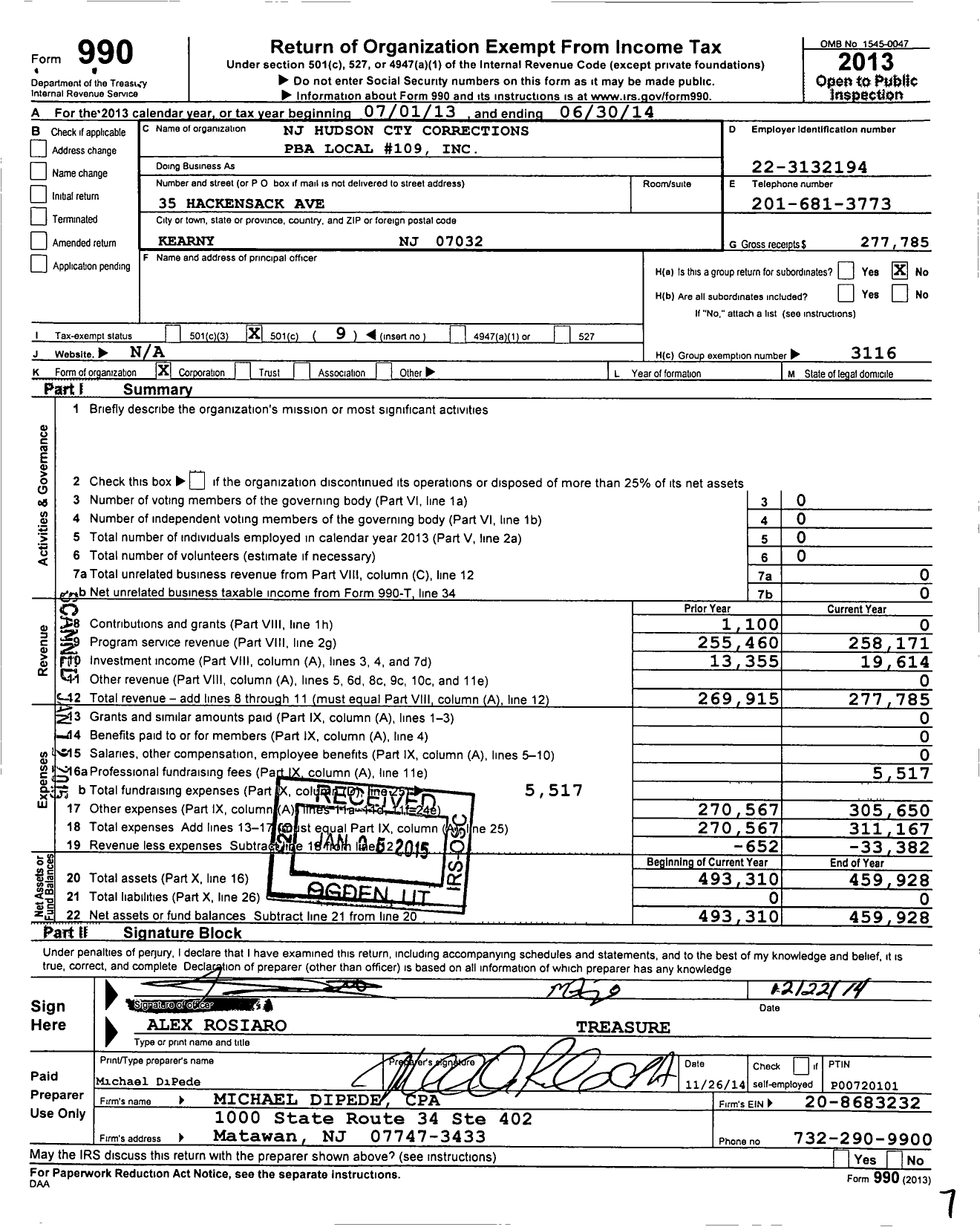 Image of first page of 2013 Form 990O for NJ State Patrolmen's Benevolent Association - 109 Hudson Cnty Corrections Local