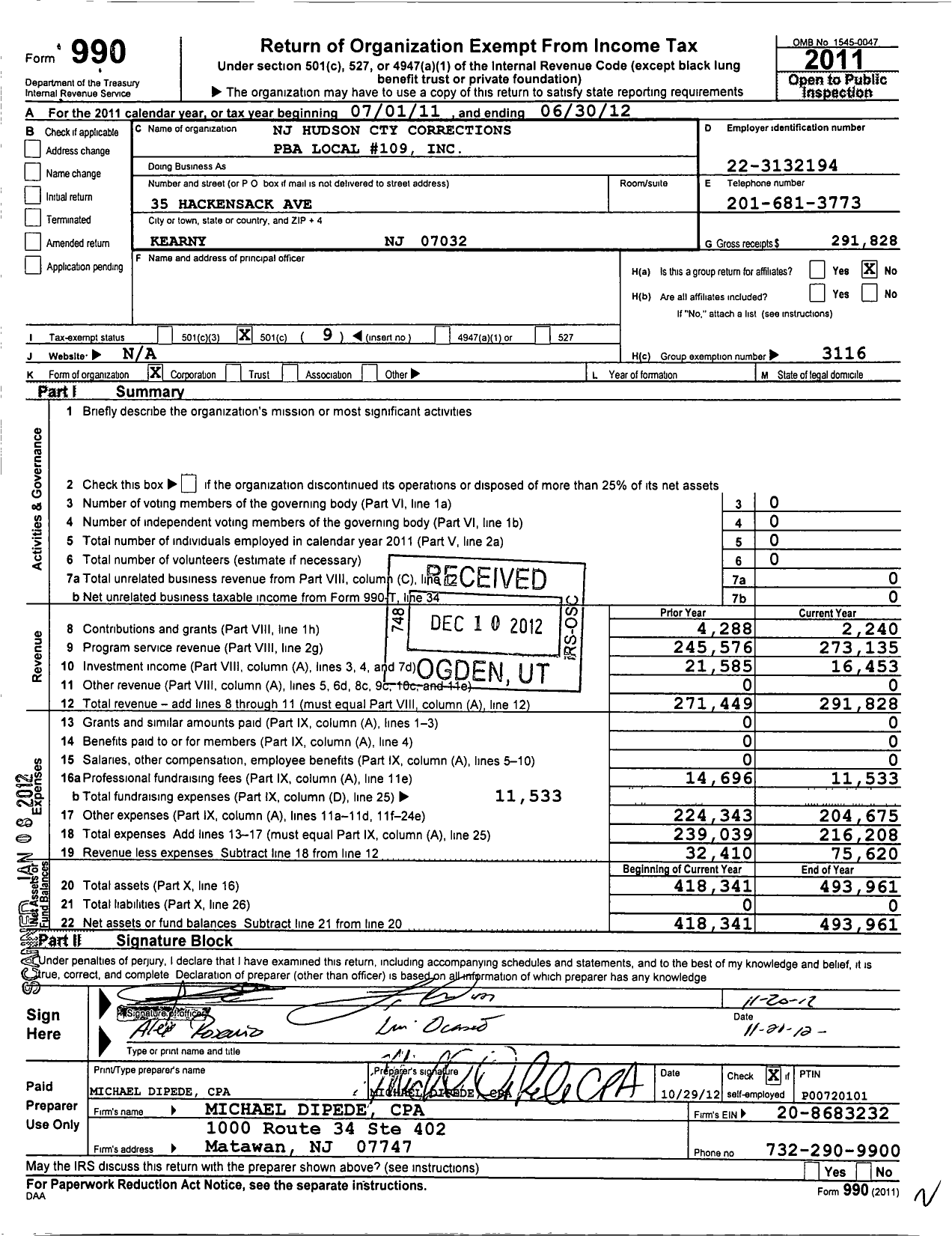 Image of first page of 2011 Form 990O for NJ State Patrolmen's Benevolent Association - 109 Hudson Cnty Corrections Local