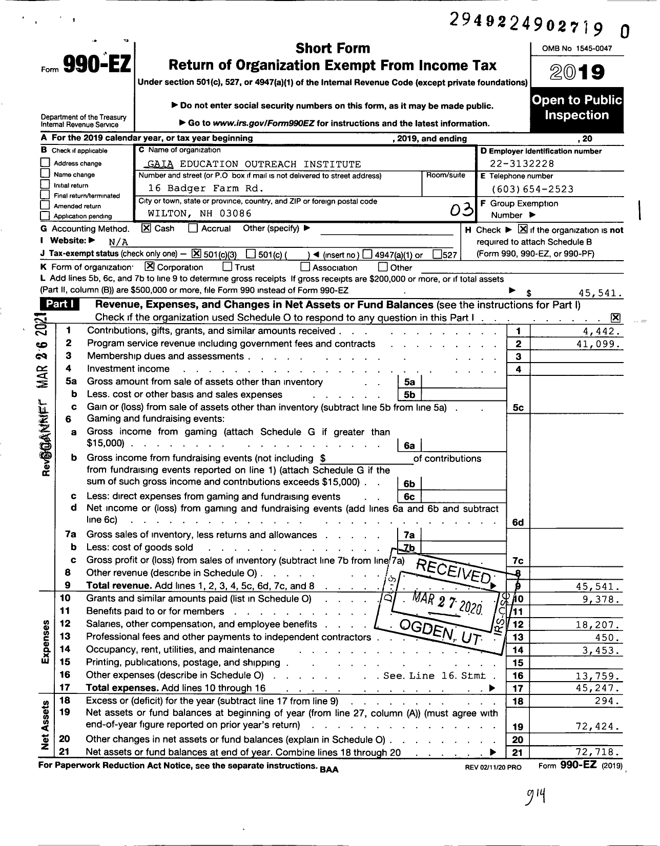 Image of first page of 2019 Form 990EZ for Gaia Education Outreach Institute