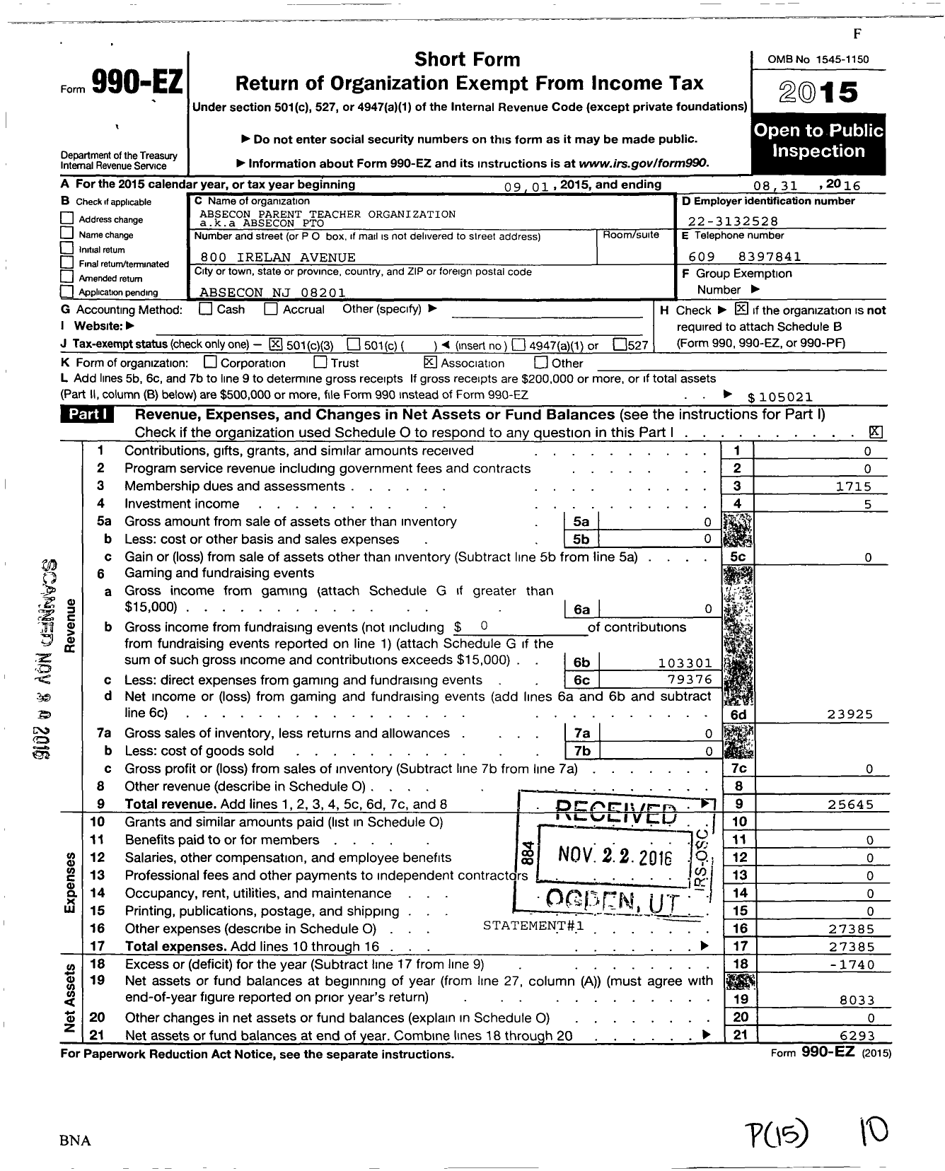 Image of first page of 2015 Form 990EZ for Absecon Parent Teacher Organization