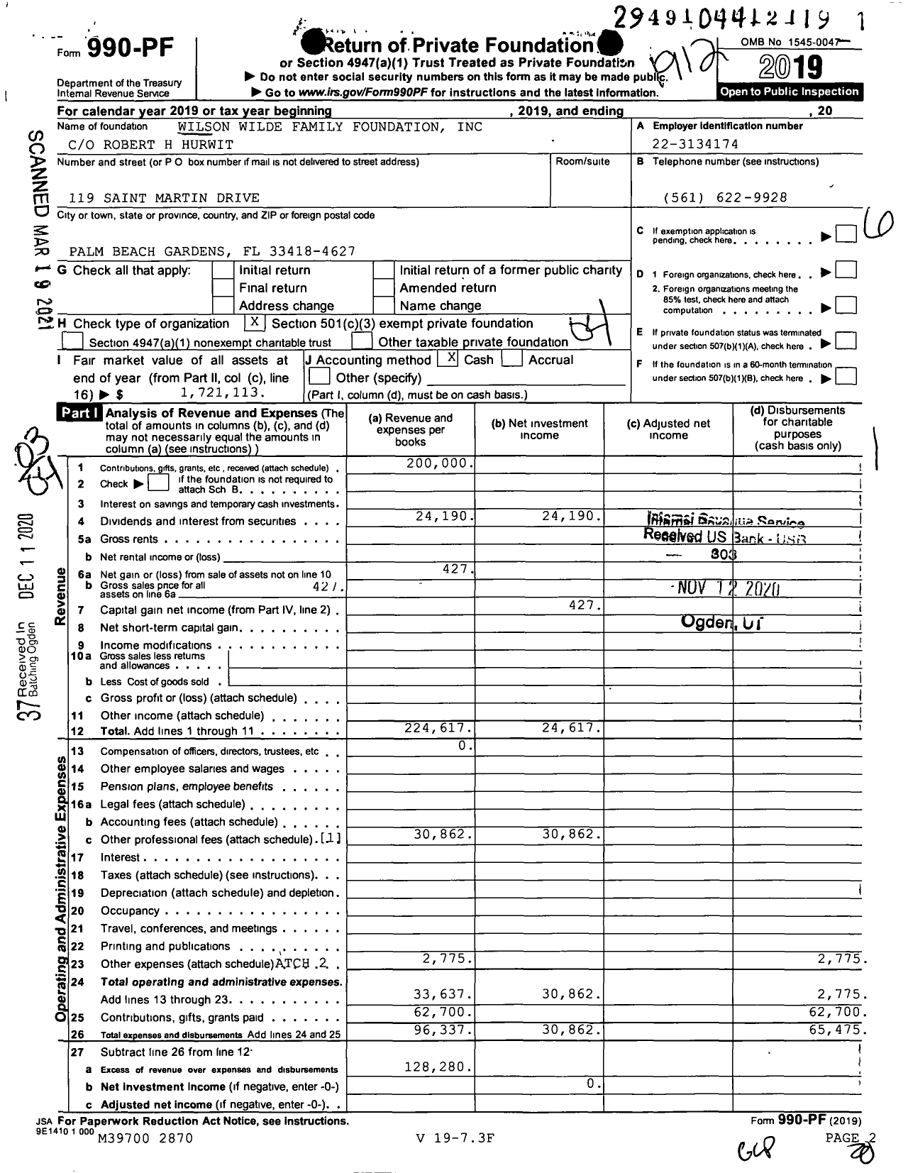 Image of first page of 2019 Form 990PF for Wilson Wilde Family Foundation