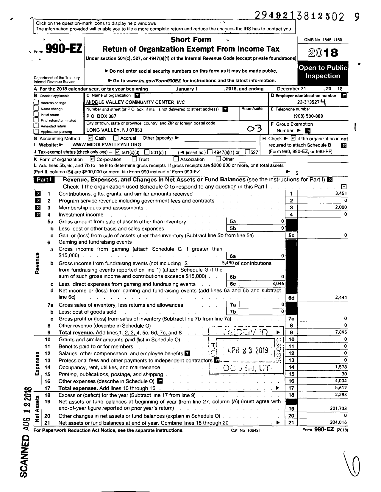 Image of first page of 2018 Form 990EZ for Middle Valley Community Center