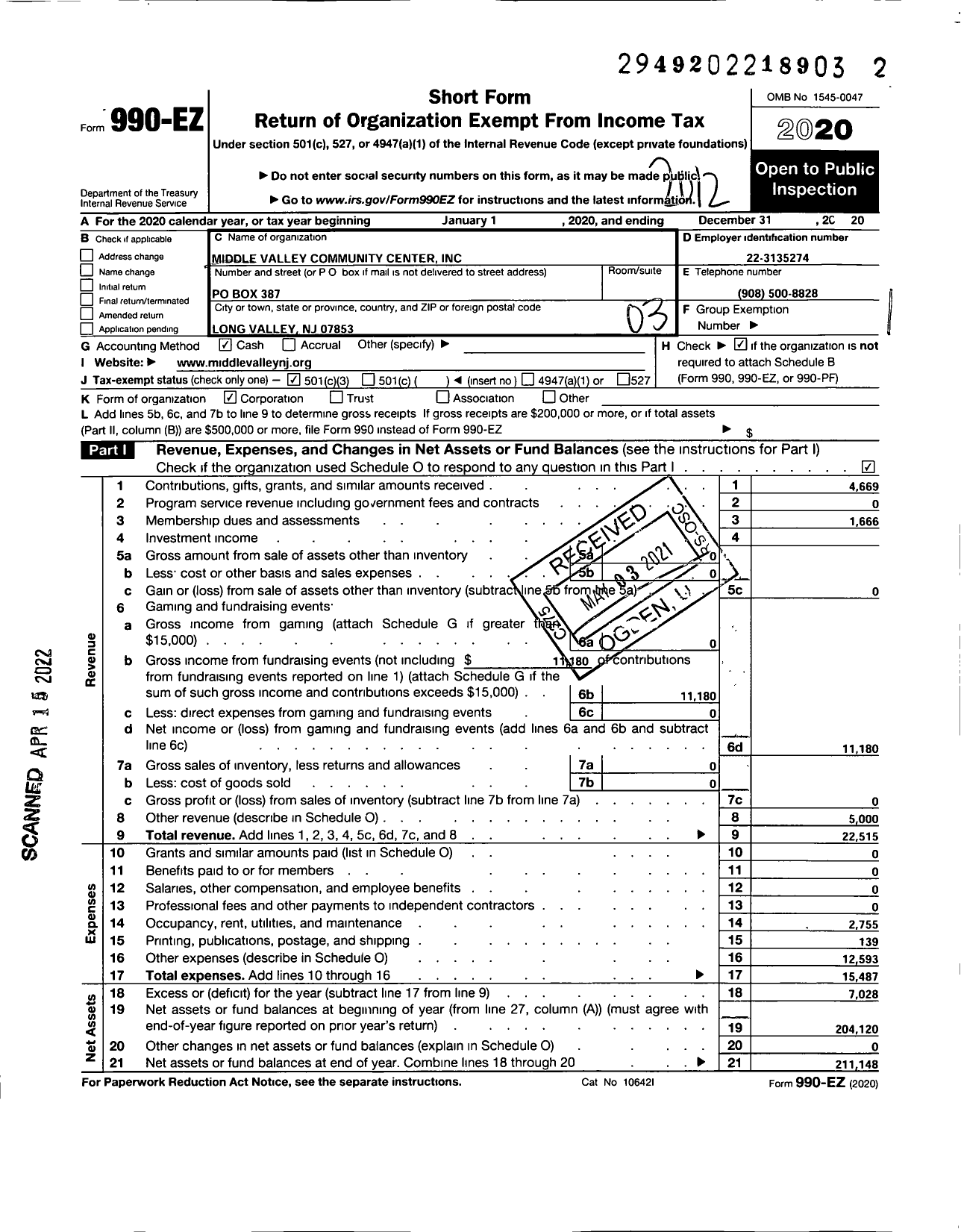 Image of first page of 2020 Form 990EZ for Middle Valley Community Center