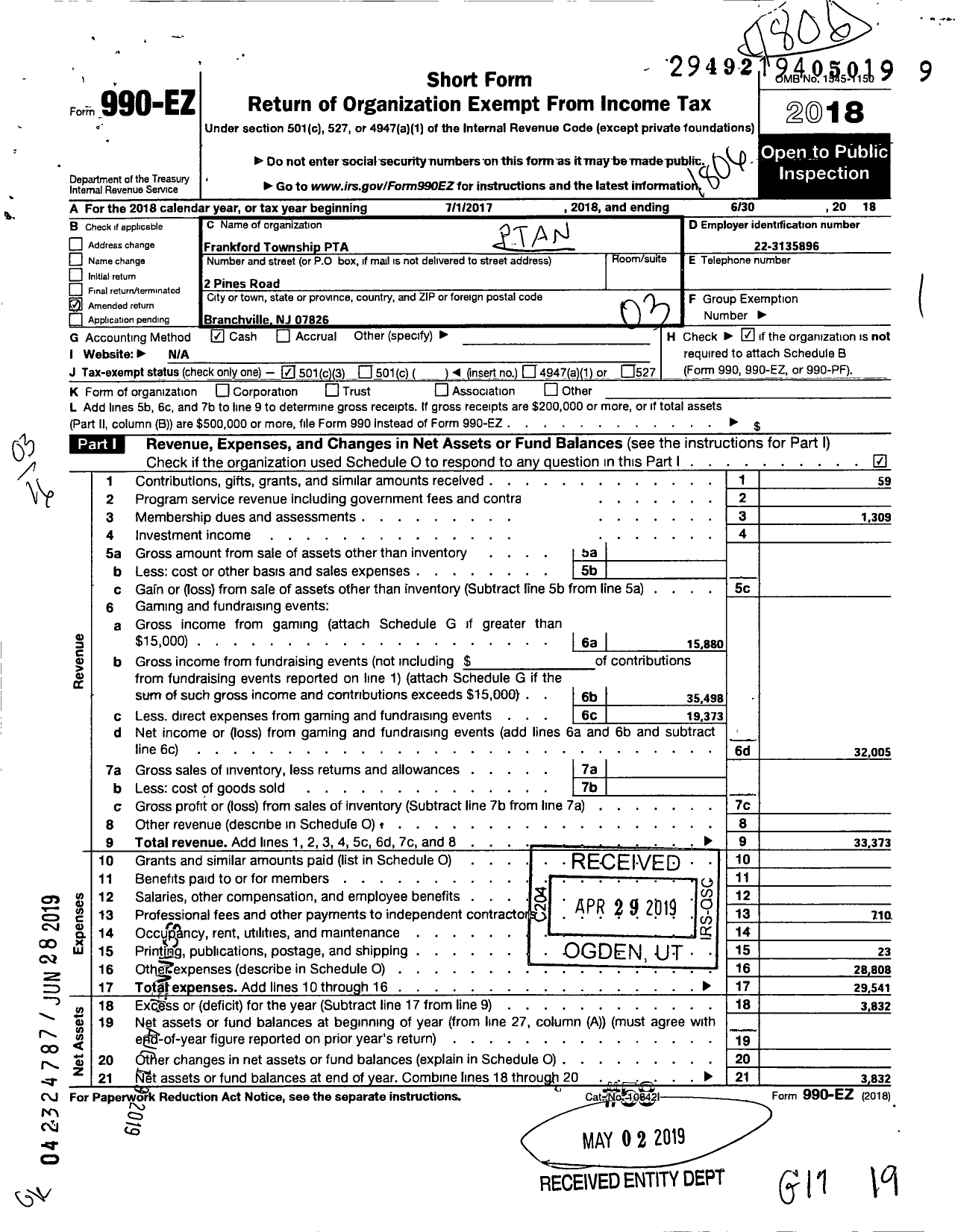 Image of first page of 2017 Form 990EZ for New Jersey PTA - 18893 Frankford TWP PTA