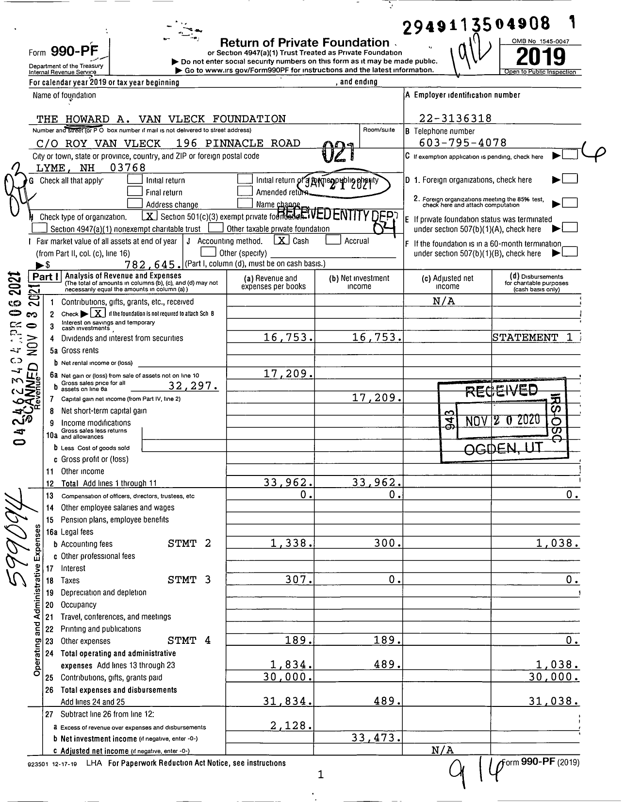 Image of first page of 2019 Form 990PF for The Howard A Van Vleck Foundation