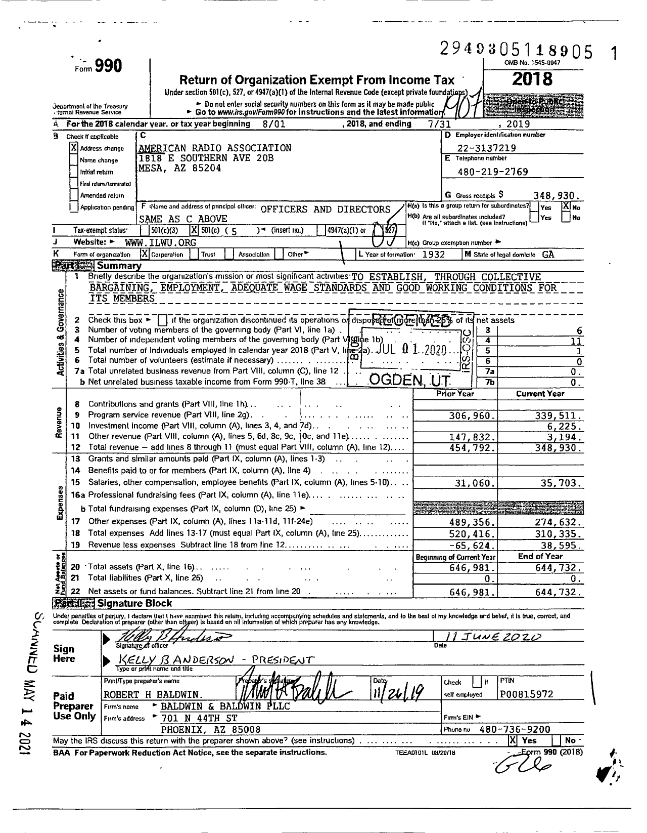 Image of first page of 2018 Form 990O for International Longshore & Warehouse Union - American Radio Association