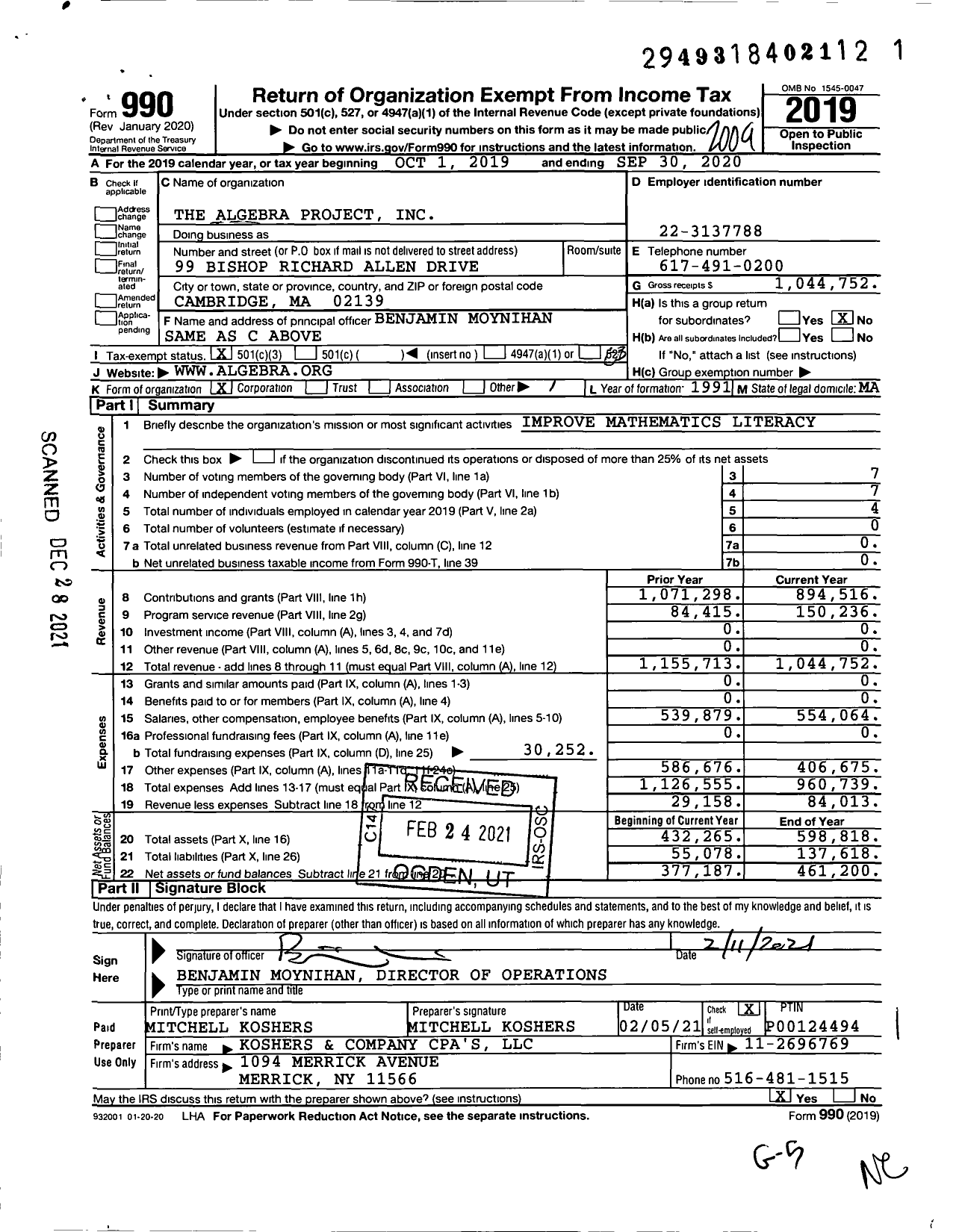 Image of first page of 2019 Form 990 for The Algebra Project