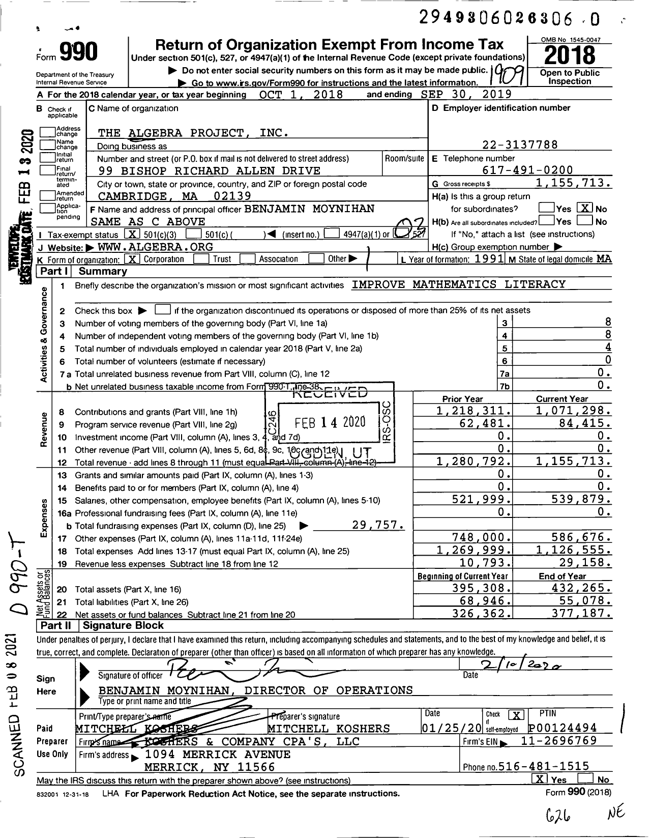 Image of first page of 2018 Form 990 for The Algebra Project