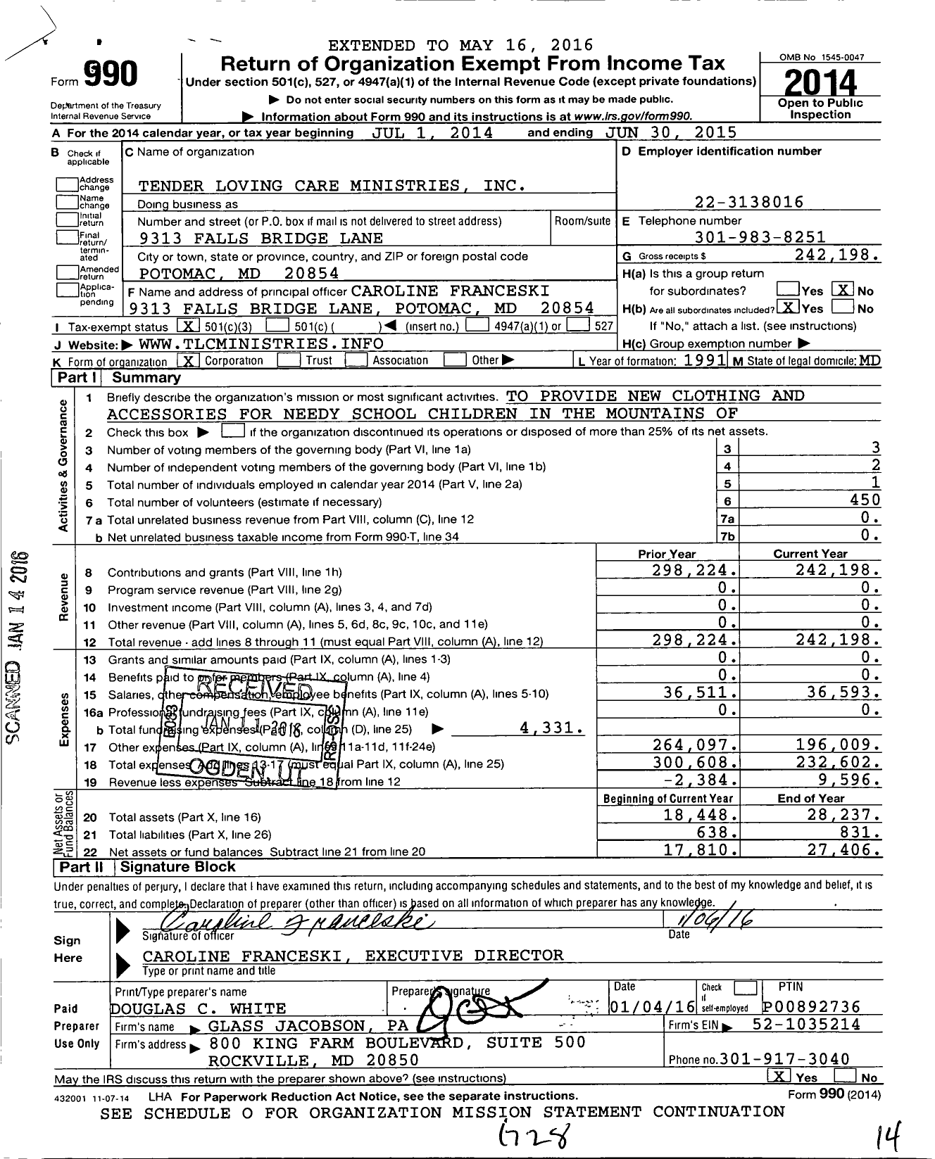 Image of first page of 2014 Form 990 for Tender Loving Care Ministries