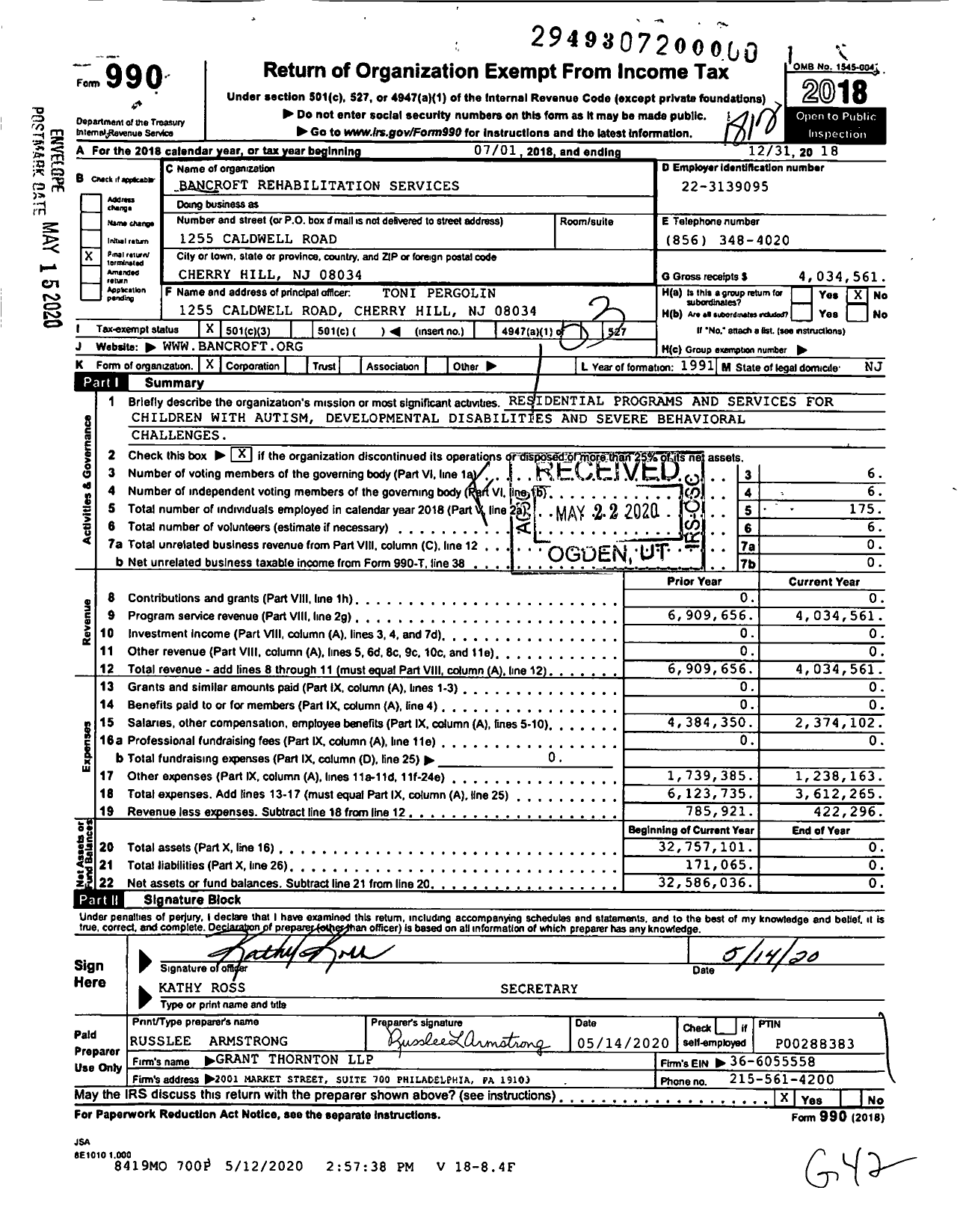 Image of first page of 2018 Form 990 for Bancroft