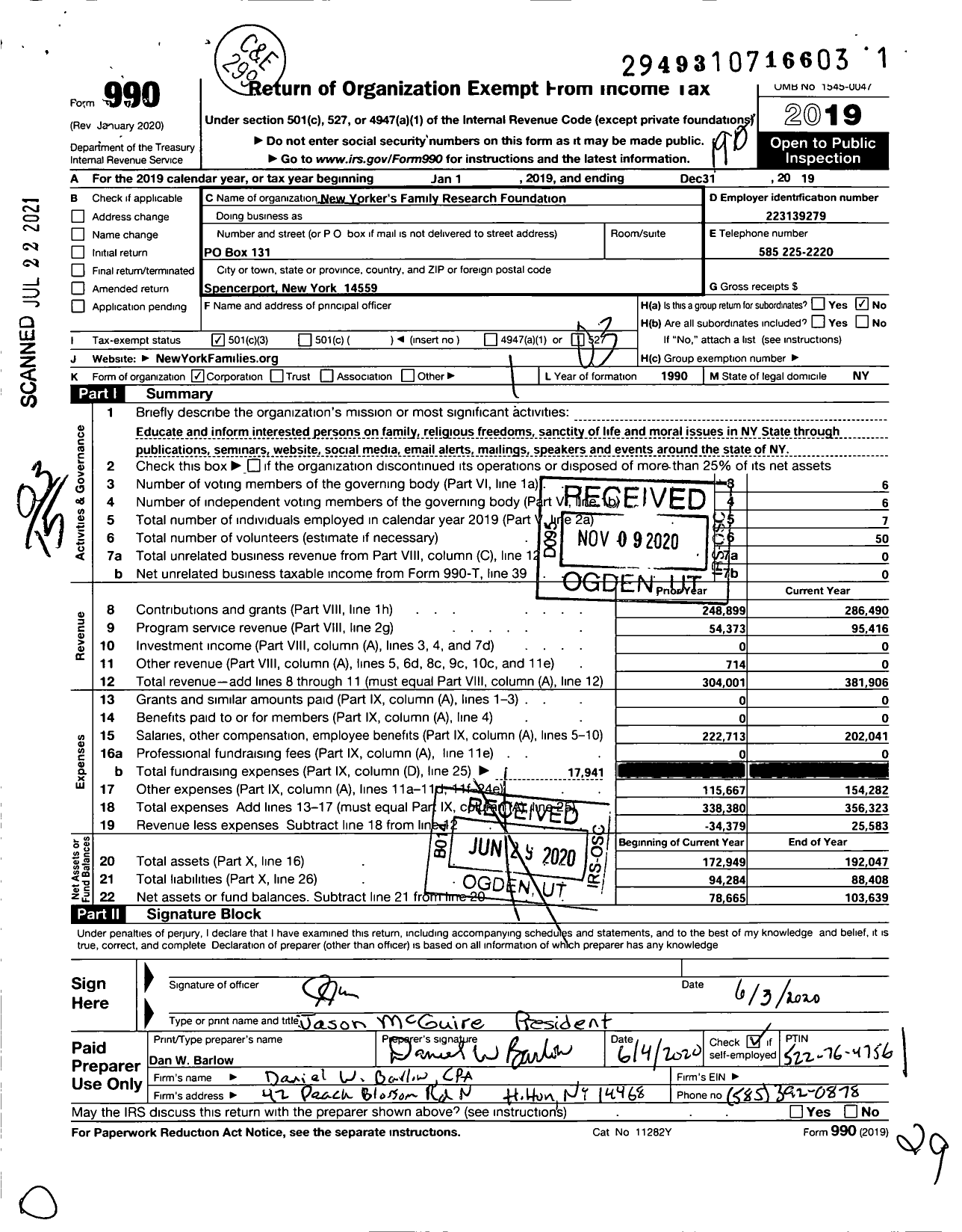 Image of first page of 2019 Form 990 for New Yorkers Family Research Foundation