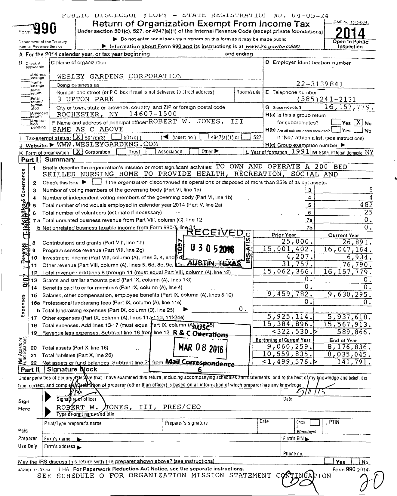 Image of first page of 2014 Form 990 for Wesley Gardens Corporation