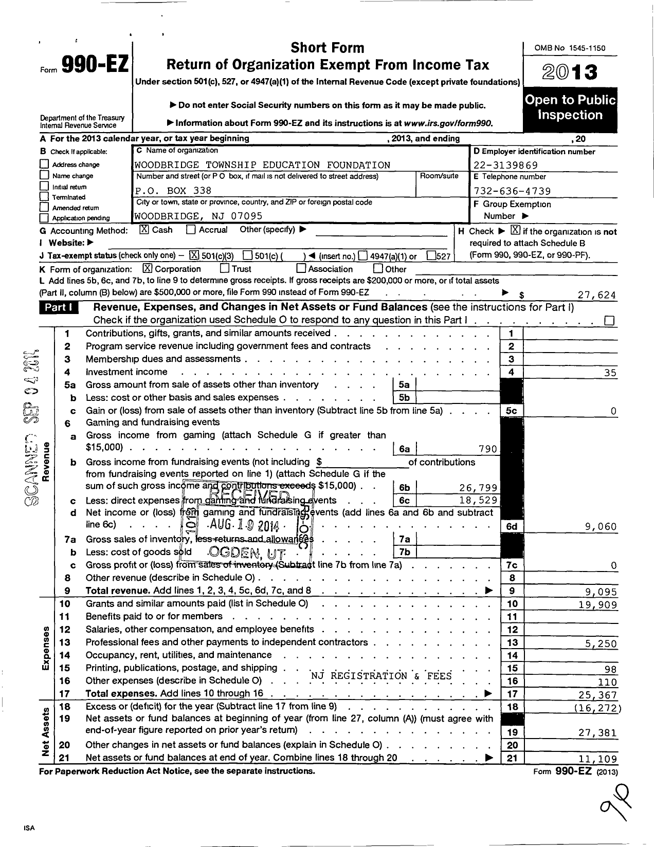 Image of first page of 2013 Form 990EZ for Woodbridge Township Education Foundation