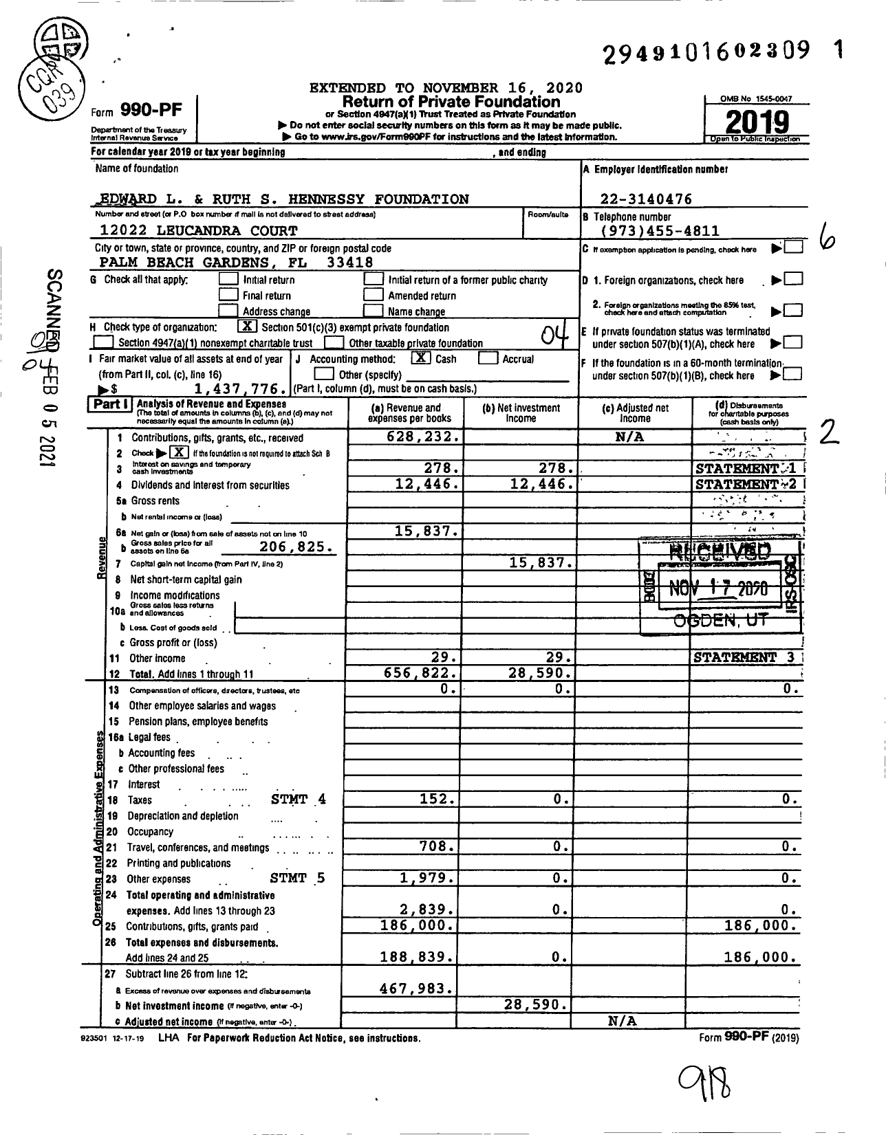 Image of first page of 2019 Form 990PF for Edward L and Ruth S Hennessy Foundation