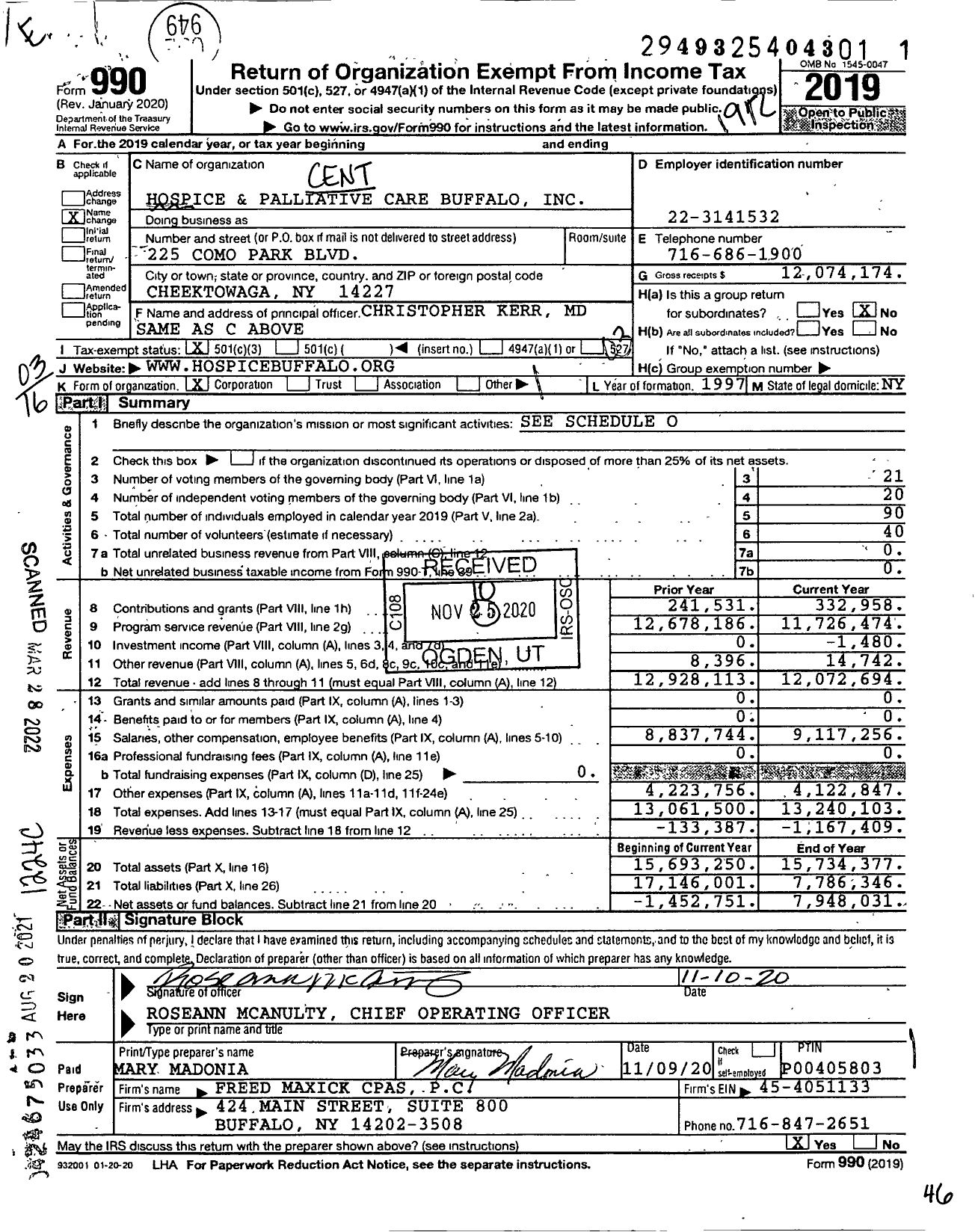 Image of first page of 2019 Form 990 for Hospice and Palliative Care Buffalo