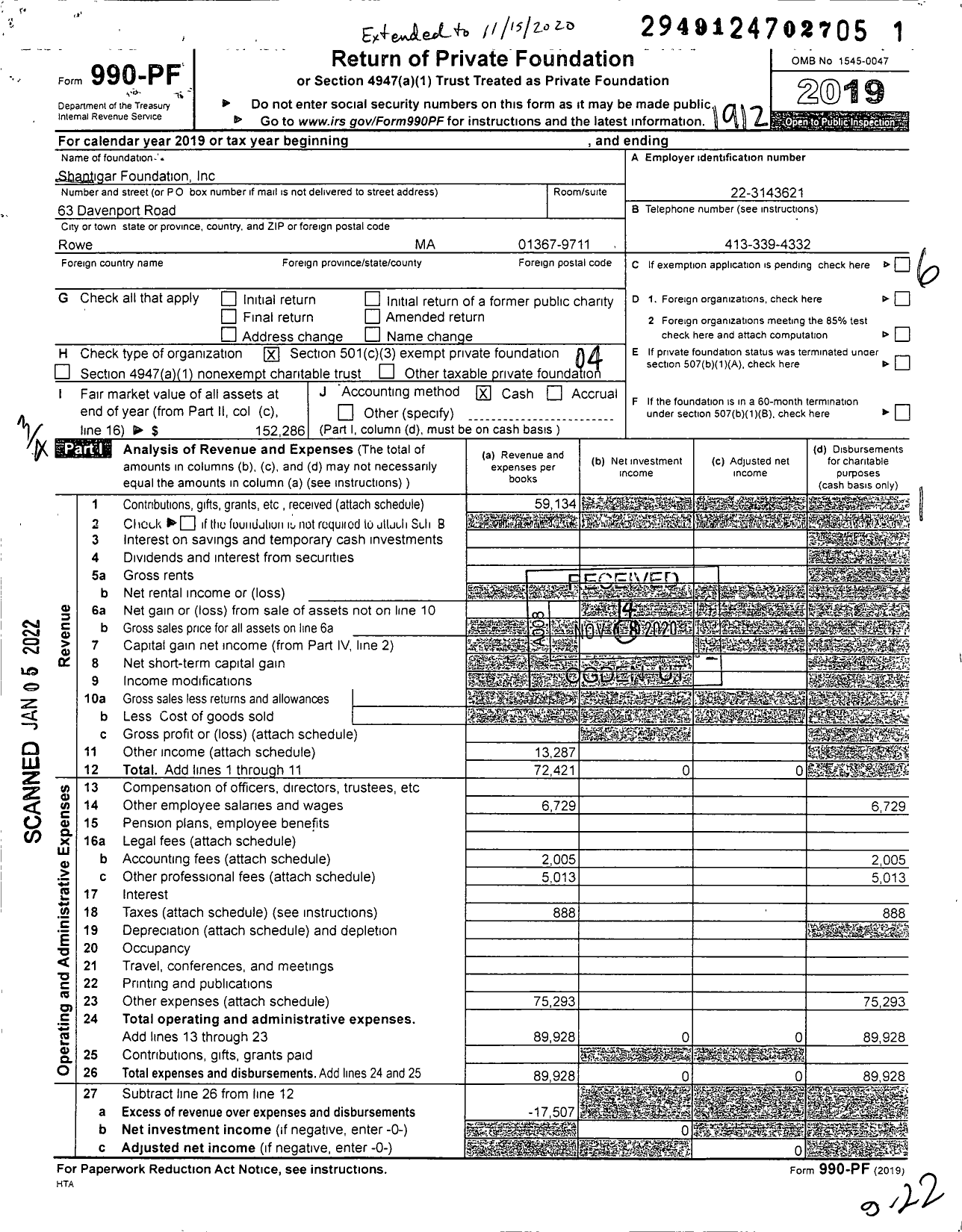 Image of first page of 2019 Form 990PF for Shantigar Foundation