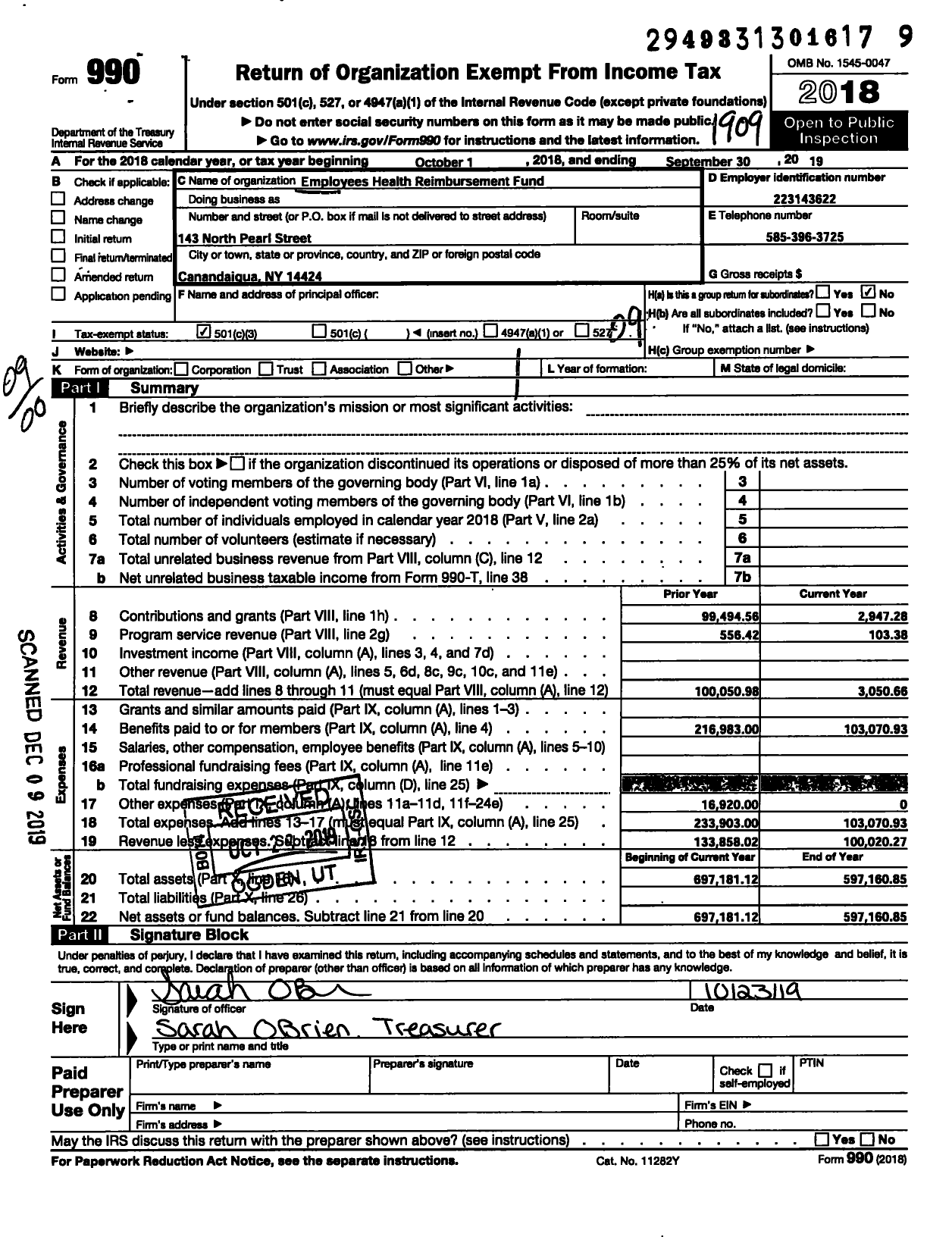 Image of first page of 2018 Form 990O for Employees Health Reimbursement Fund of the Canandaigua City SCH Dist