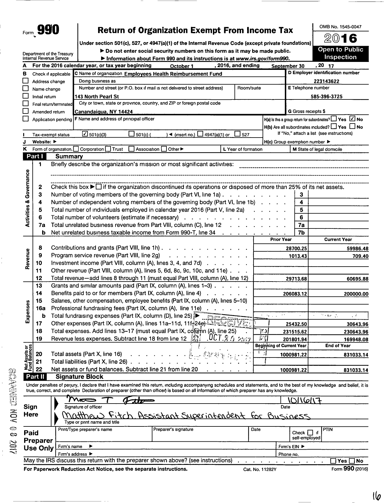 Image of first page of 2016 Form 990 for Employees Health Reimbursement Fund of the Canandaigua City SCH Dist