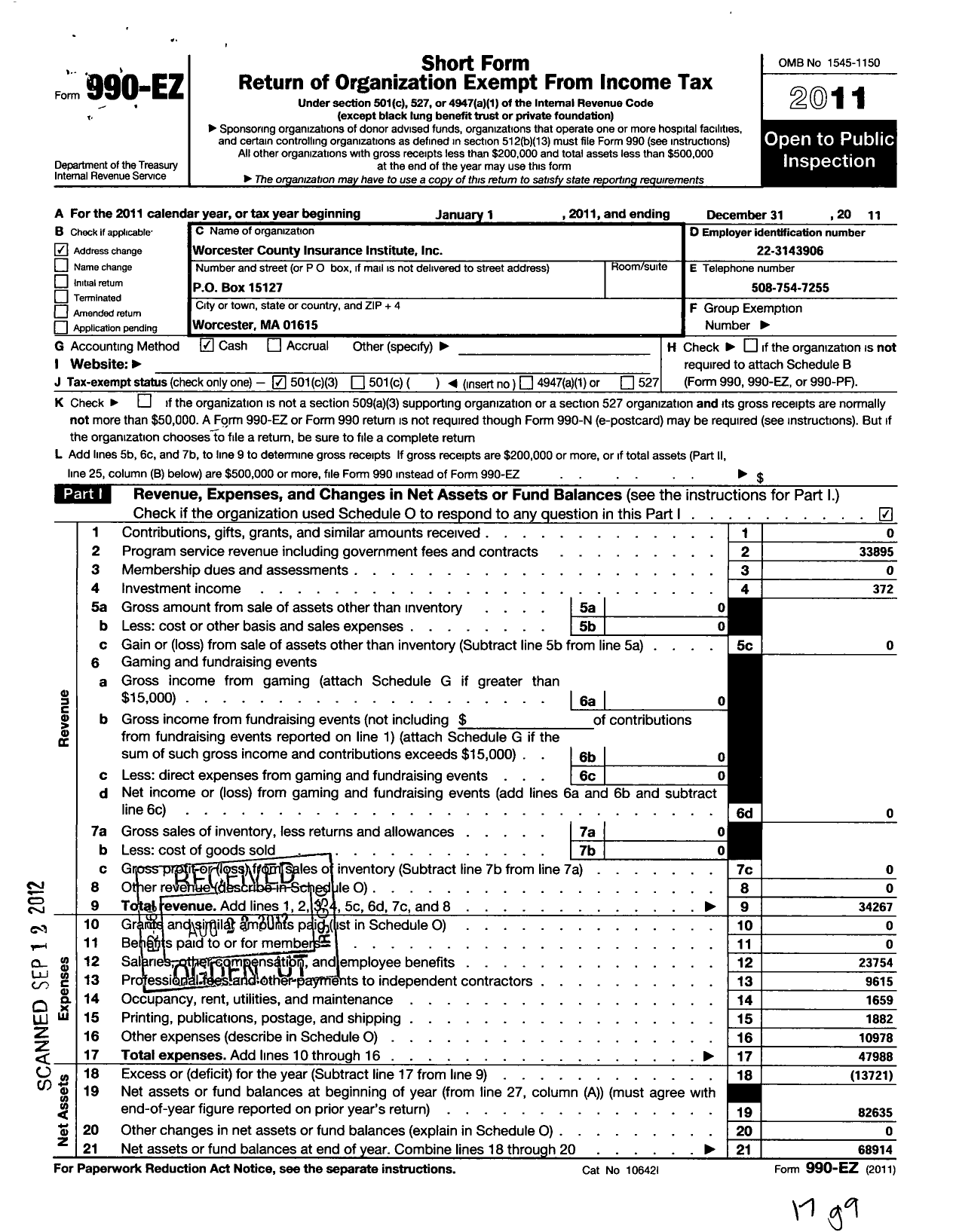 Image of first page of 2011 Form 990EZ for Worcester County Insurance Institute