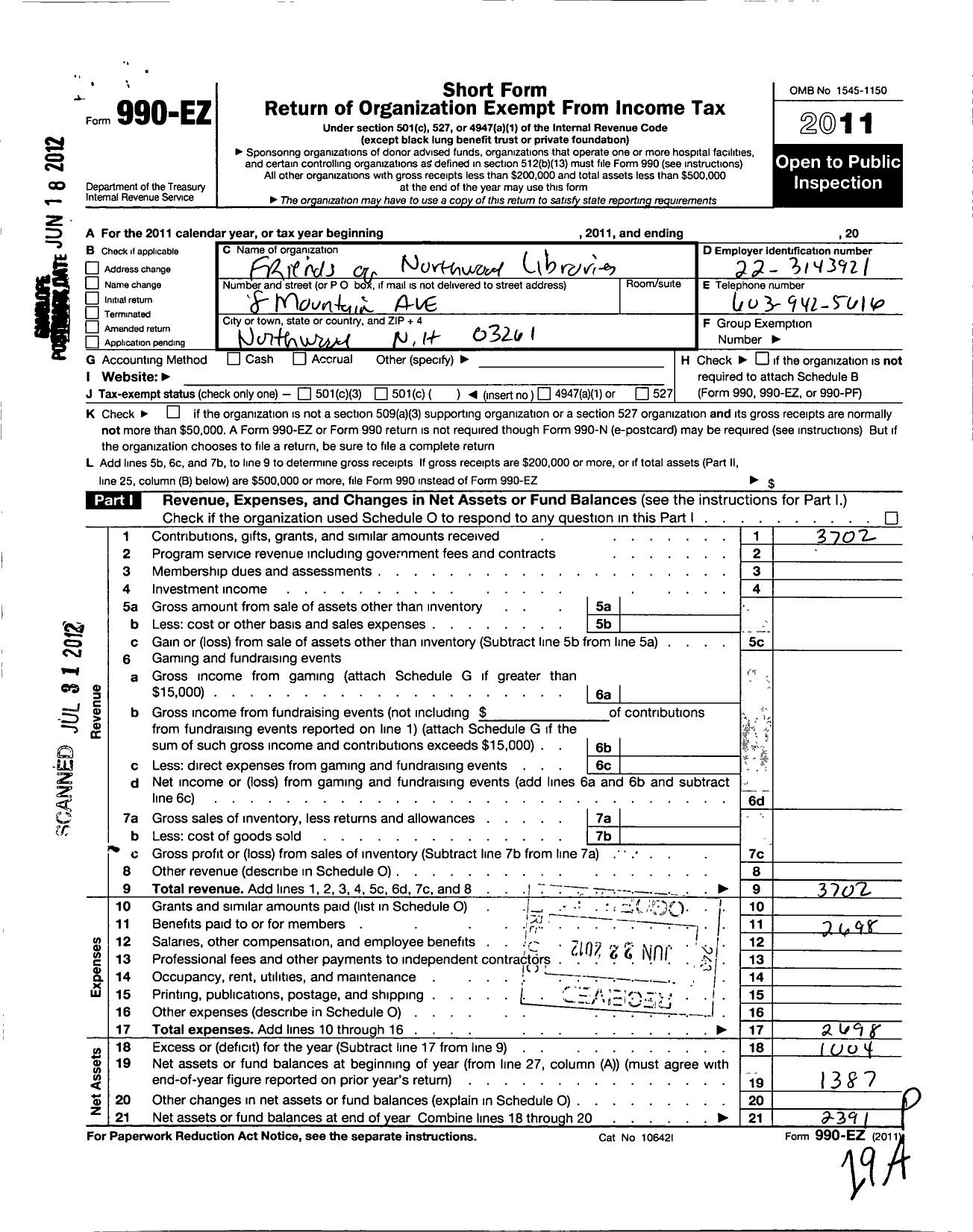 Image of first page of 2011 Form 990EO for Friends of the Northwood Libraries