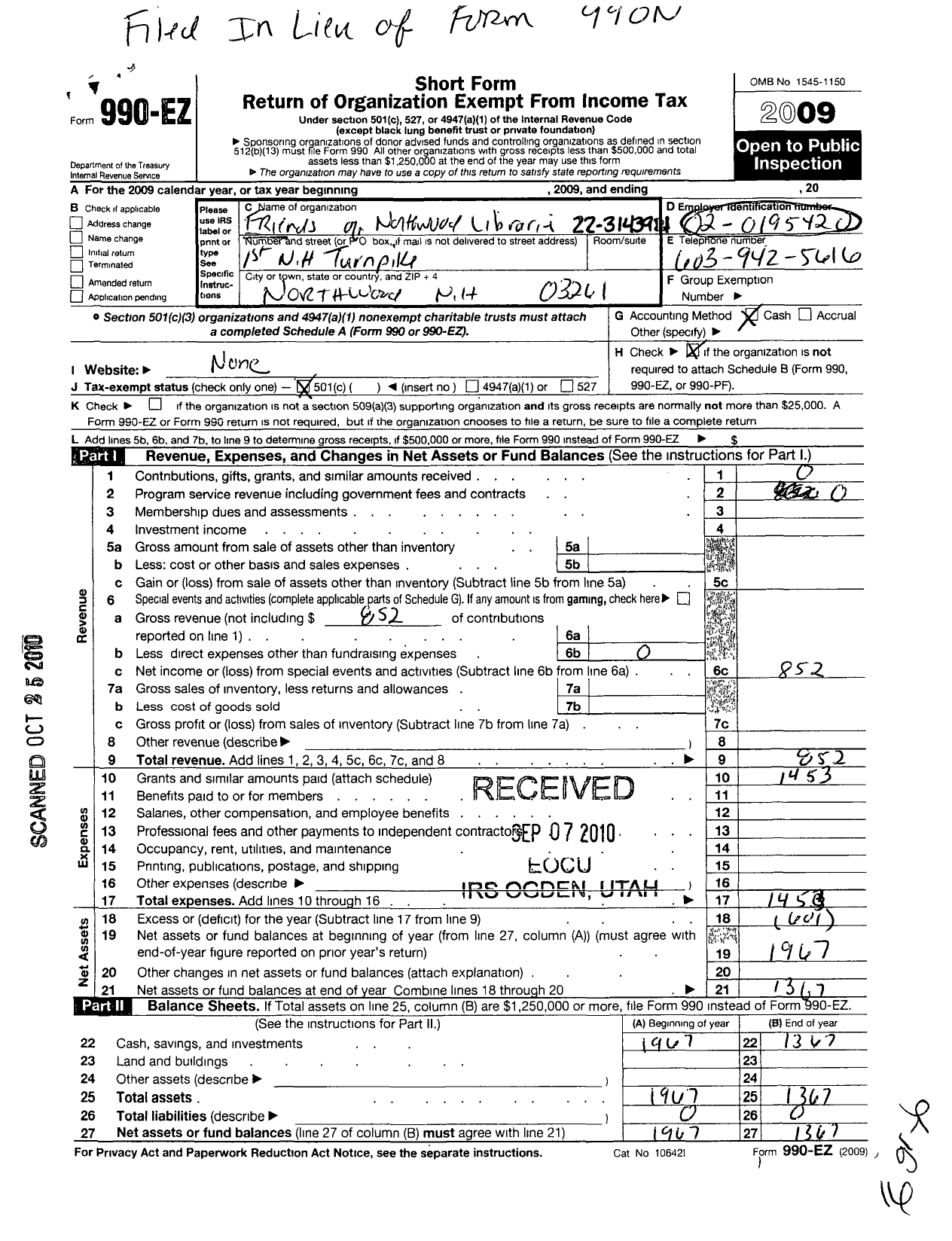 Image of first page of 2009 Form 990EO for Friends of the Northwood Libraries