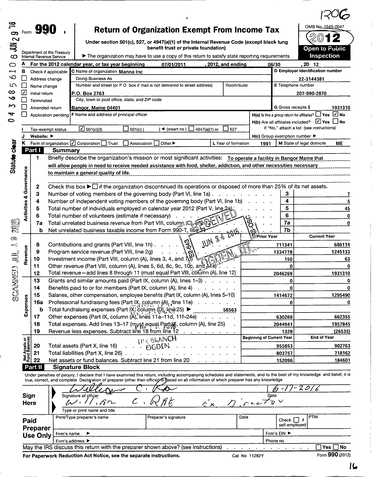 Image of first page of 2011 Form 990 for Manna