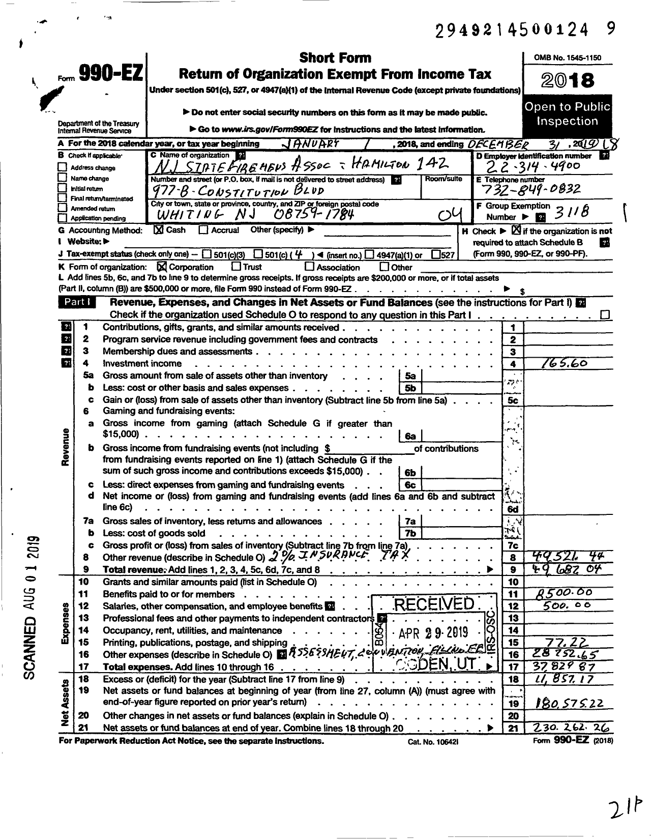 Image of first page of 2018 Form 990EO for New Jersey State Firemen's Association - Hamilton