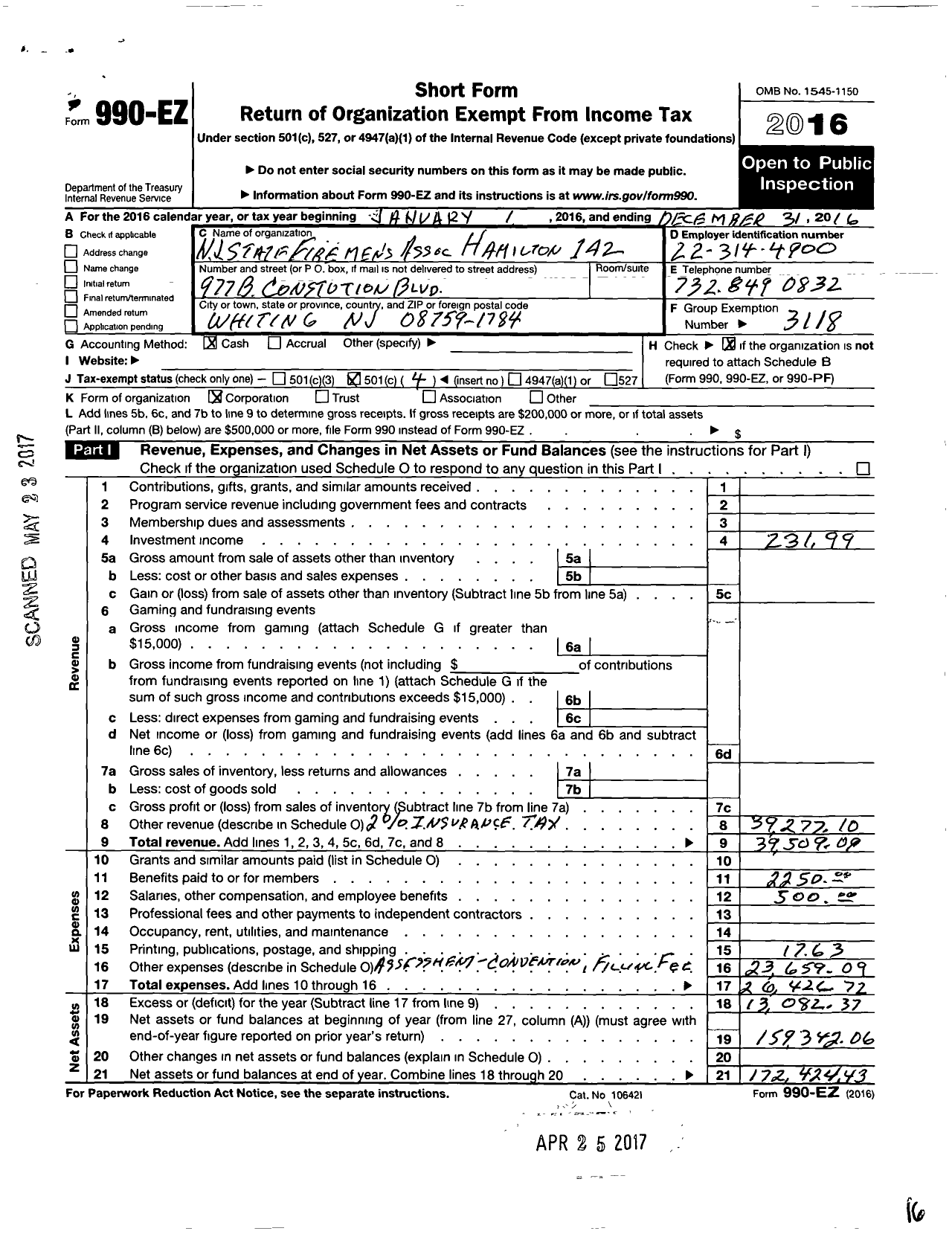 Image of first page of 2016 Form 990EO for New Jersey State Firemen's Association - Hamilton