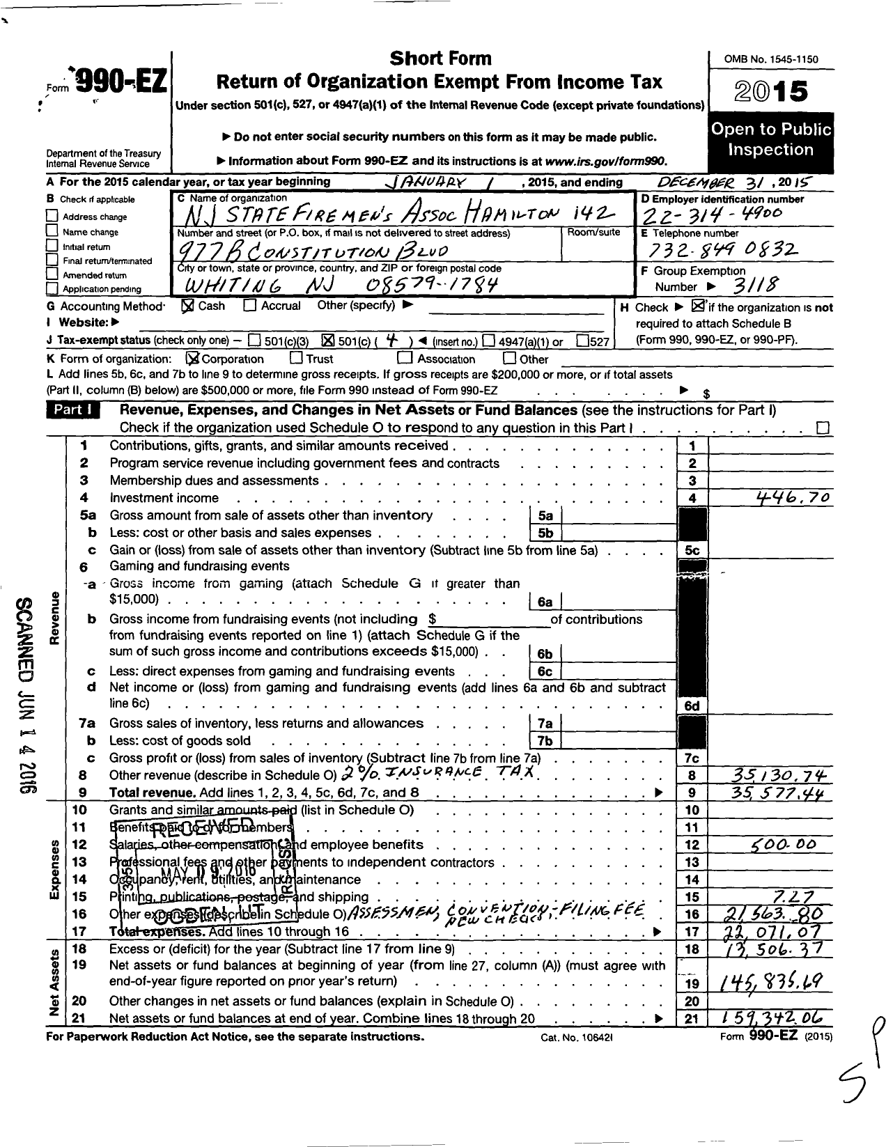 Image of first page of 2015 Form 990EO for New Jersey State Firemen's Association - Hamilton