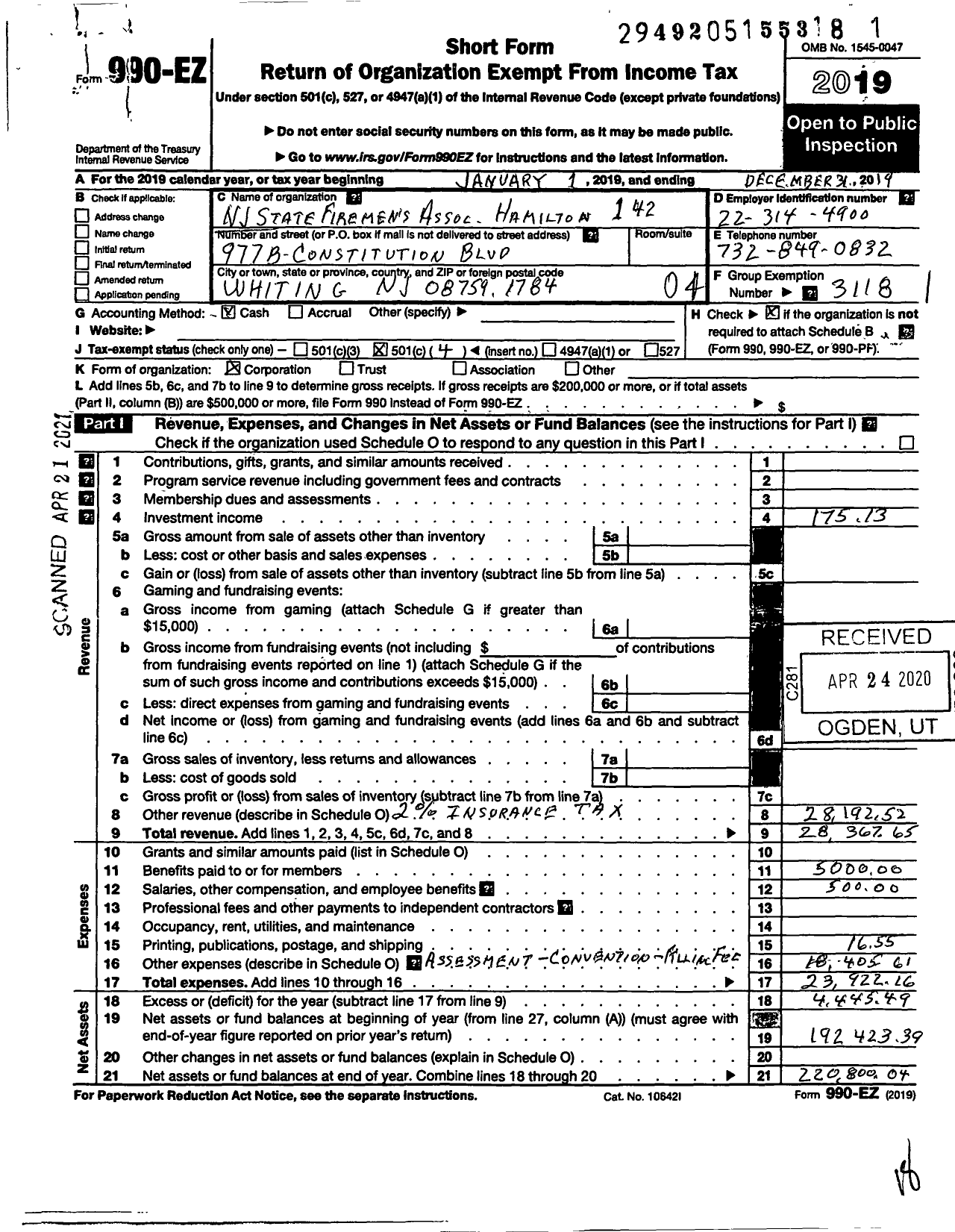 Image of first page of 2019 Form 990EO for New Jersey State Firemen's Association - Hamilton