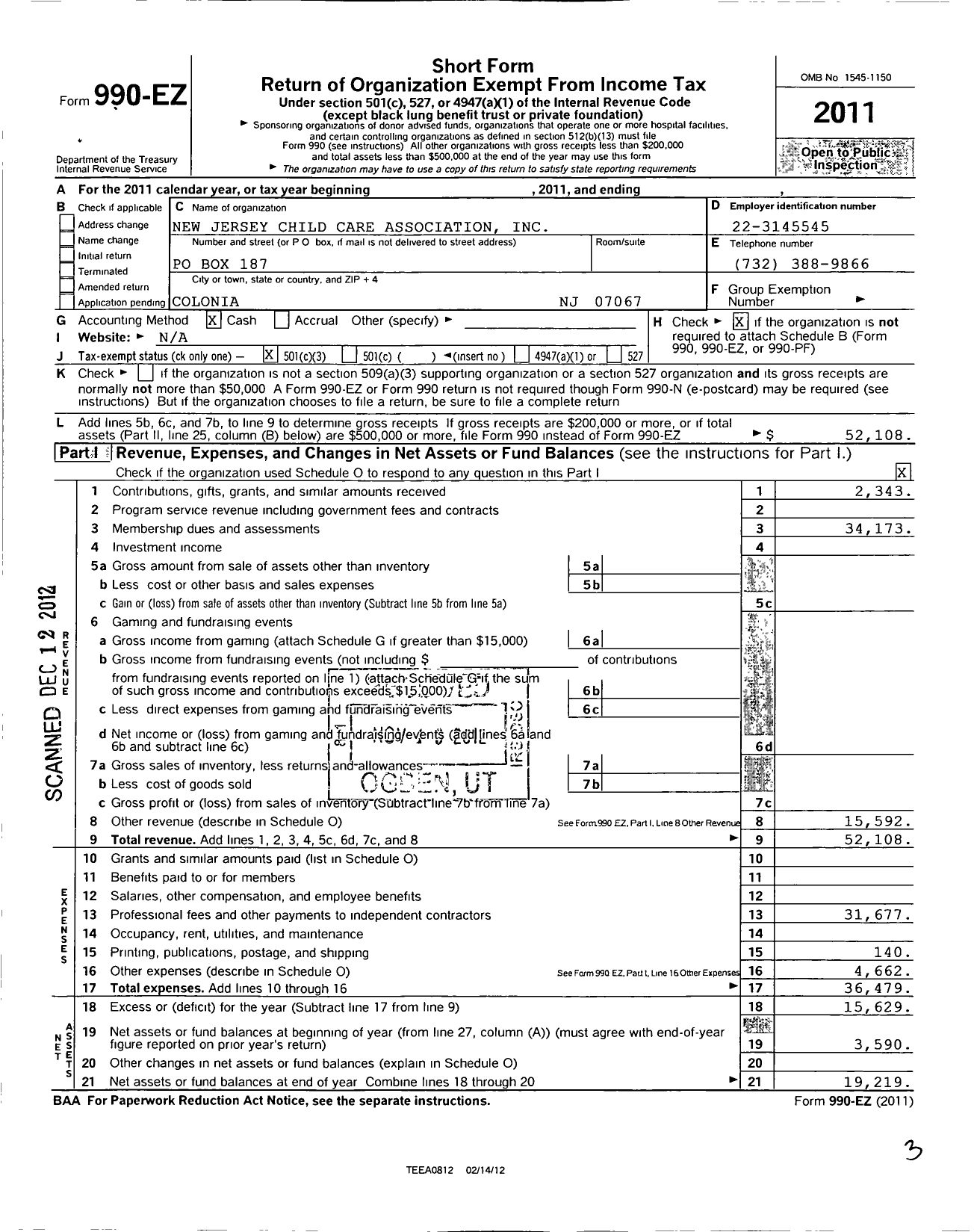 Image of first page of 2011 Form 990EZ for New Jersey Child Care Association